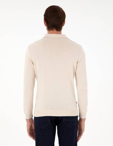 Bej Slim Fit Fermuarlı Polo Yaka Triko Kazak