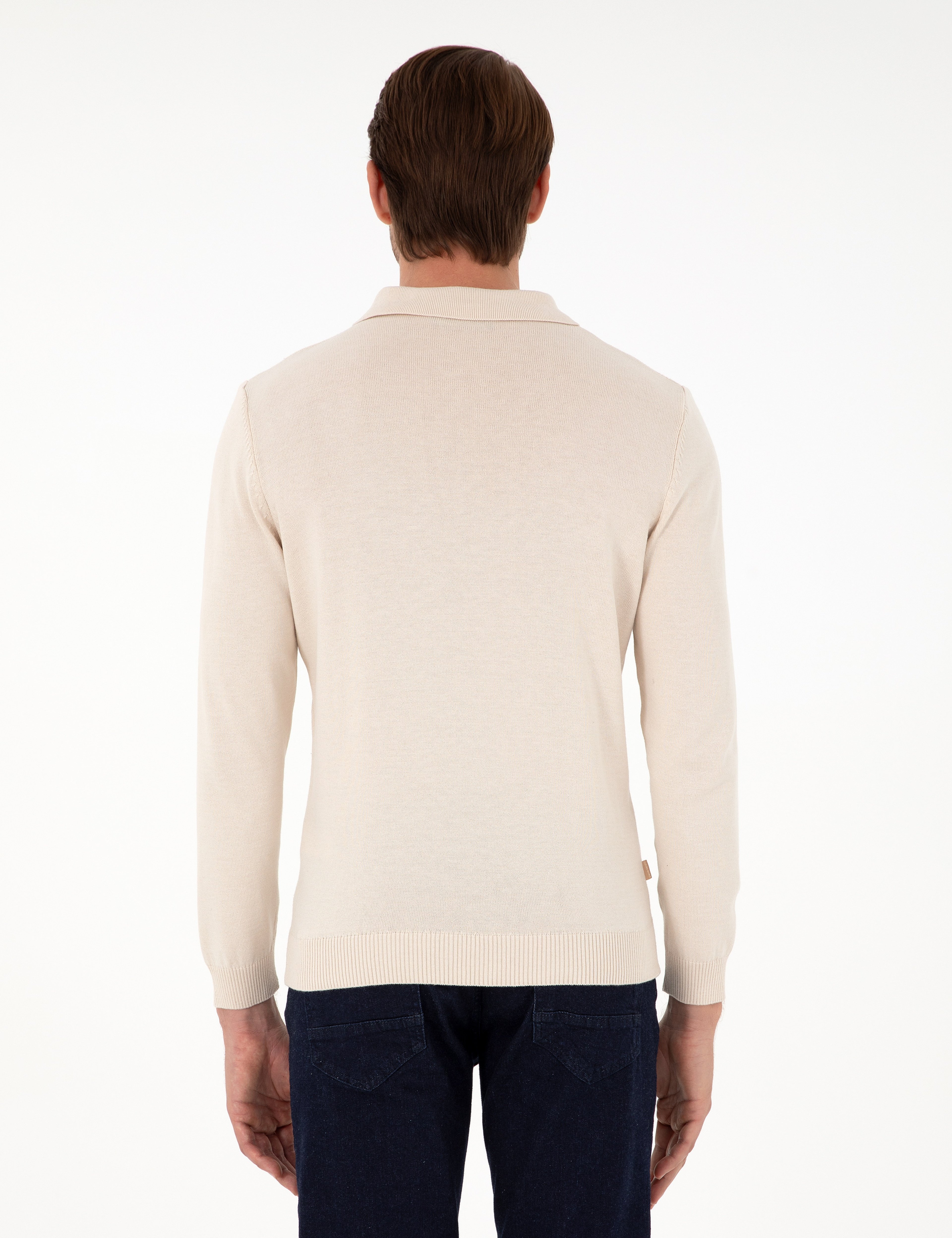 Bej Slim Fit Fermuarlı Polo Yaka Triko Kazak