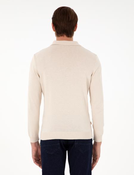 Bej Slim Fit Fermuarlı Polo Yaka Triko Kazak - 50300505003