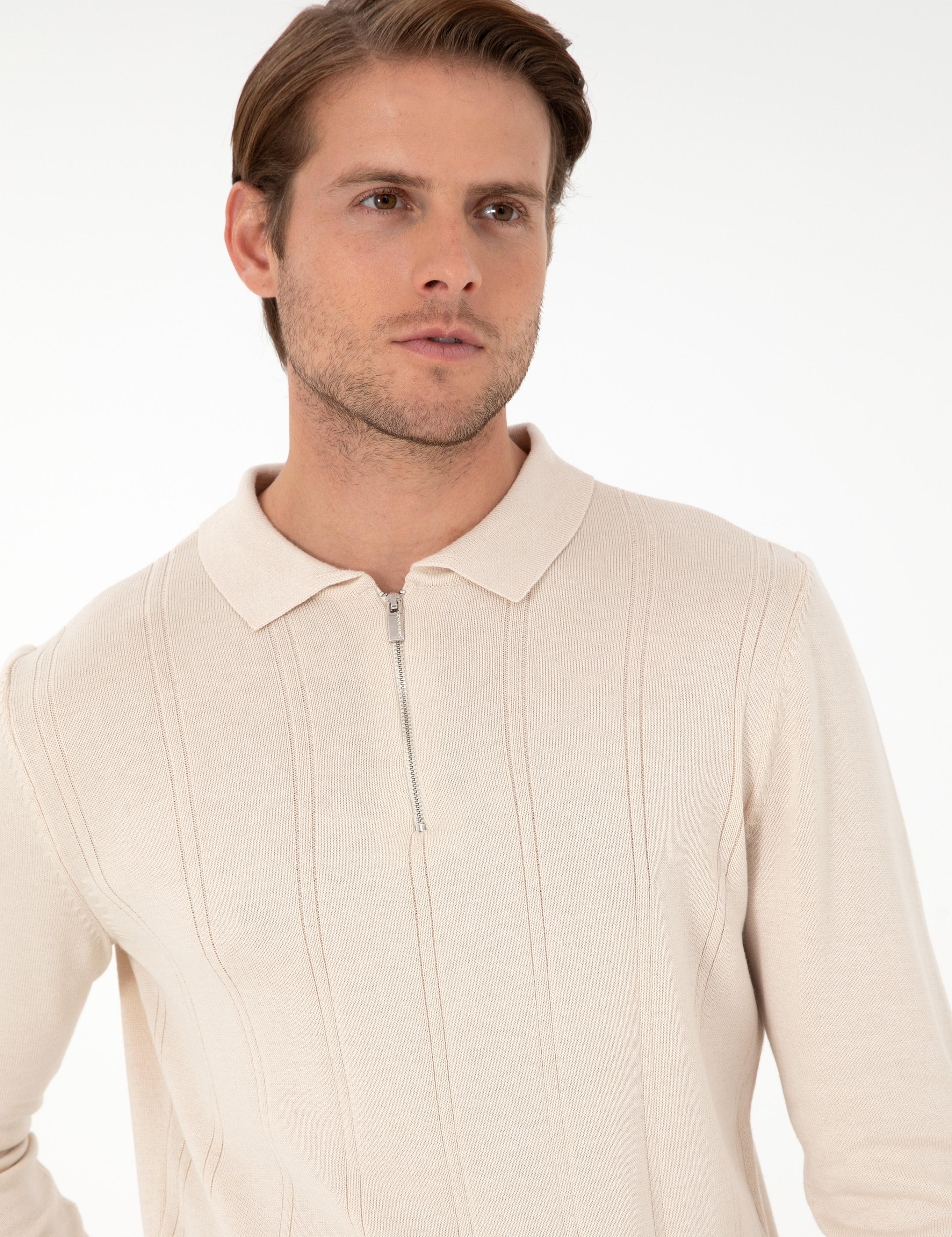 Bej Slim Fit Fermuarlı Polo Yaka Triko Kazak