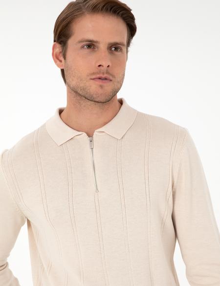 Bej Slim Fit Fermuarlı Polo Yaka Triko Kazak - 50300505003