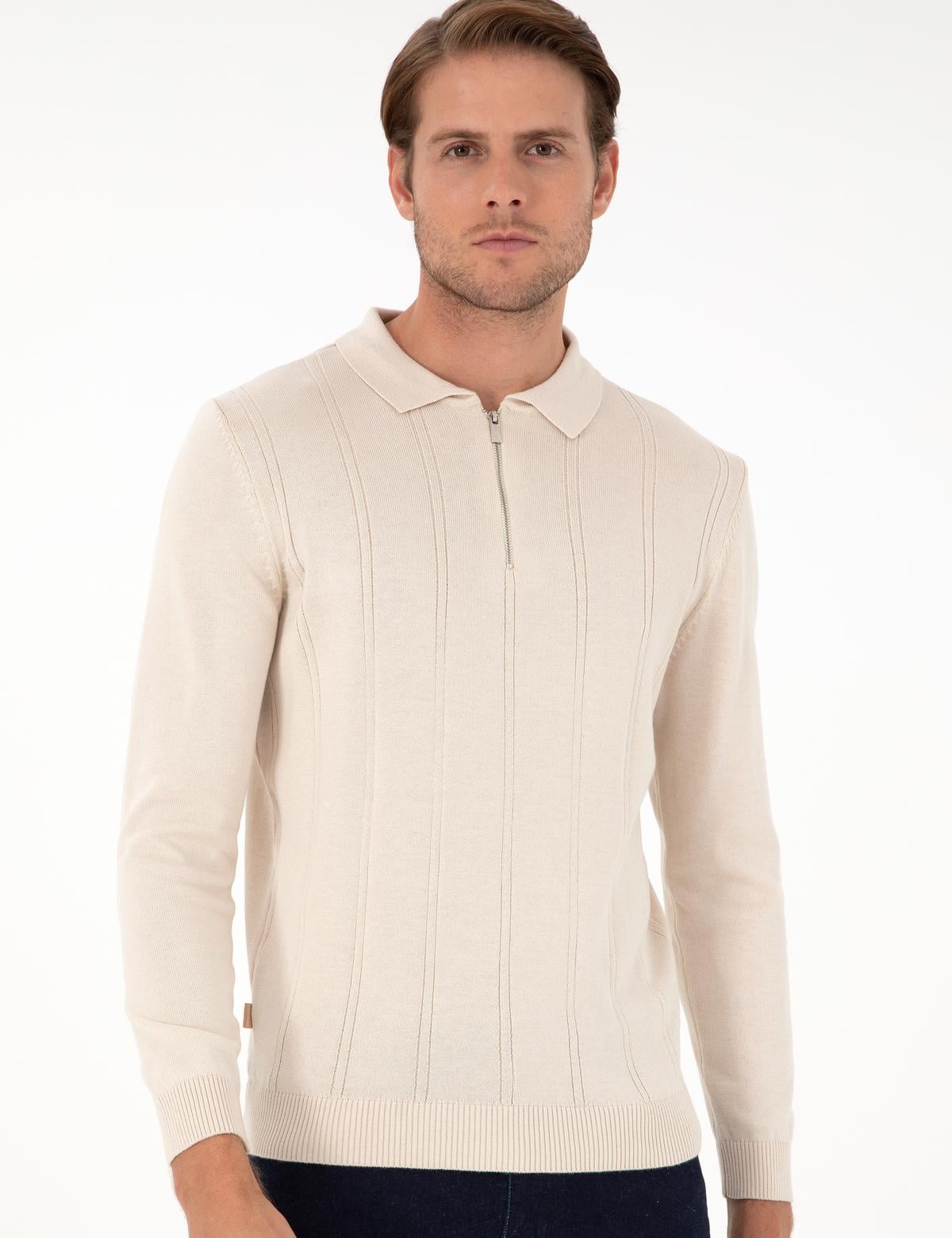 Bej Slim Fit Fermuarlı Polo Yaka Triko Kazak - 50300505003