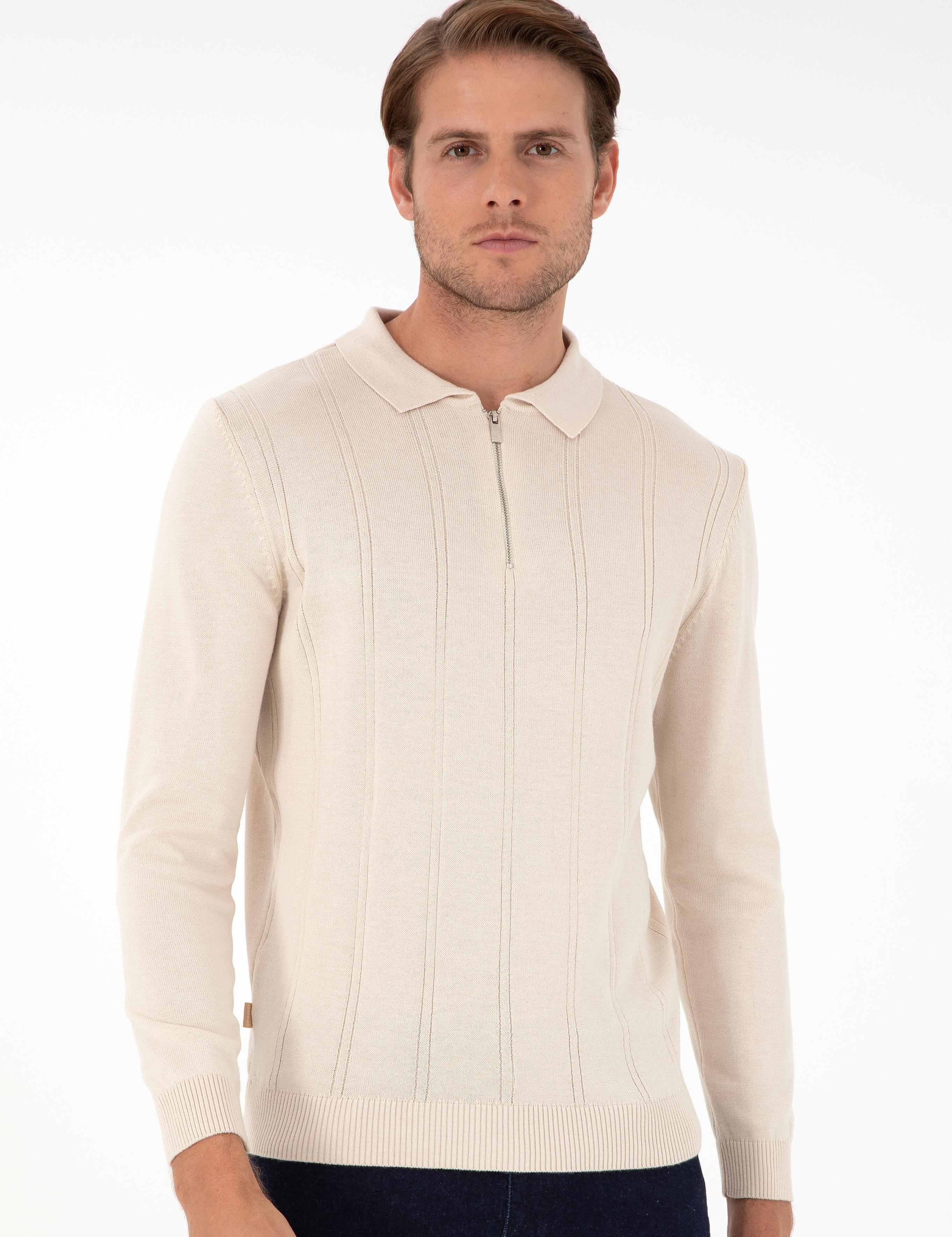 Bej Slim Fit Fermuarlı Polo Yaka Triko Kazak