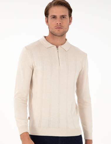 Bej Slim Fit Fermuarlı Polo Yaka Triko Kazak