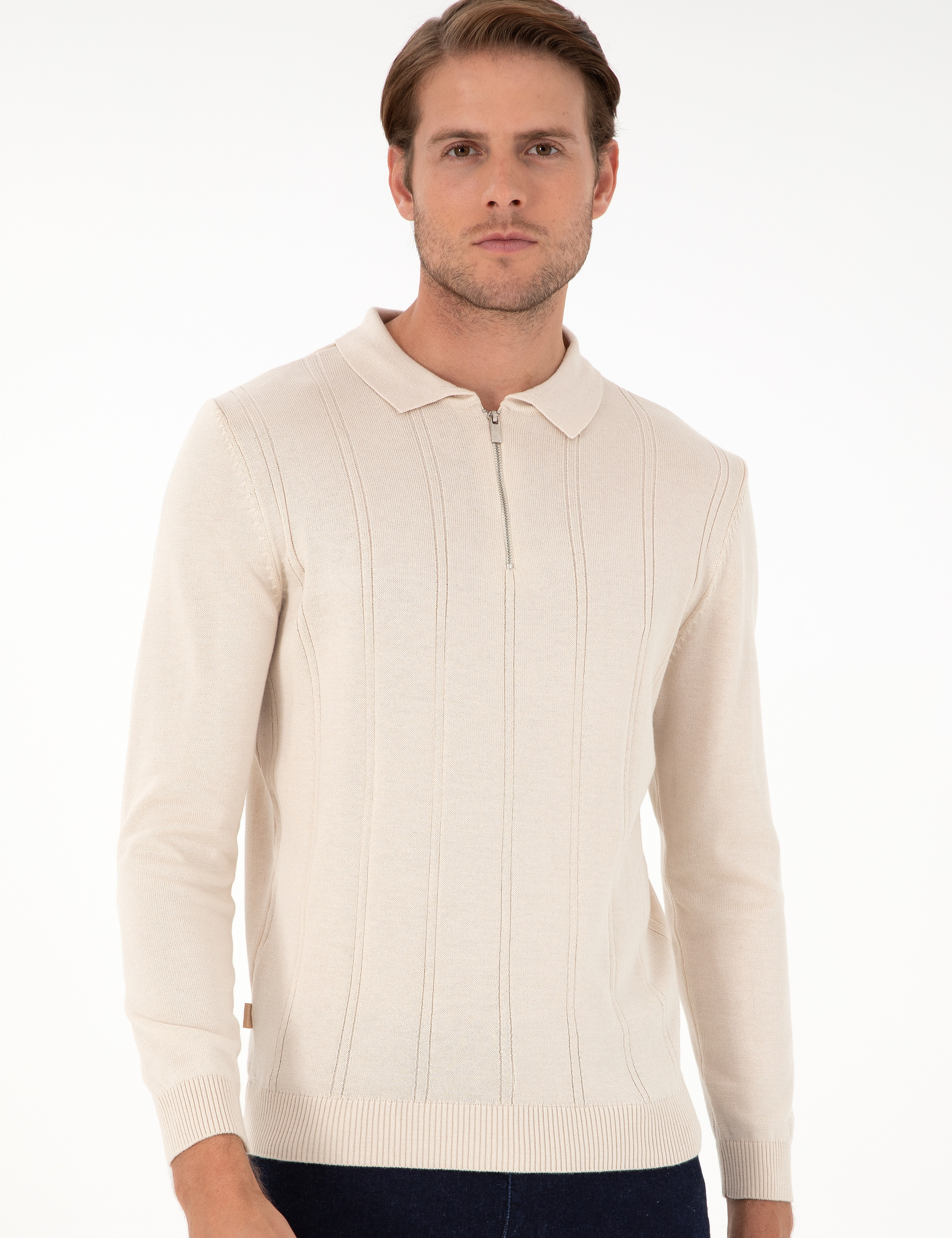 Bej Slim Fit Fermuarlı Polo Yaka Triko Kazak - Image 3