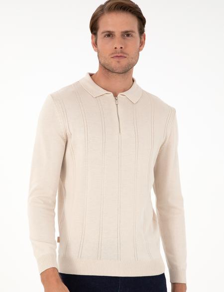 Bej Slim Fit Fermuarlı Polo Yaka Triko Kazak - 50300505003