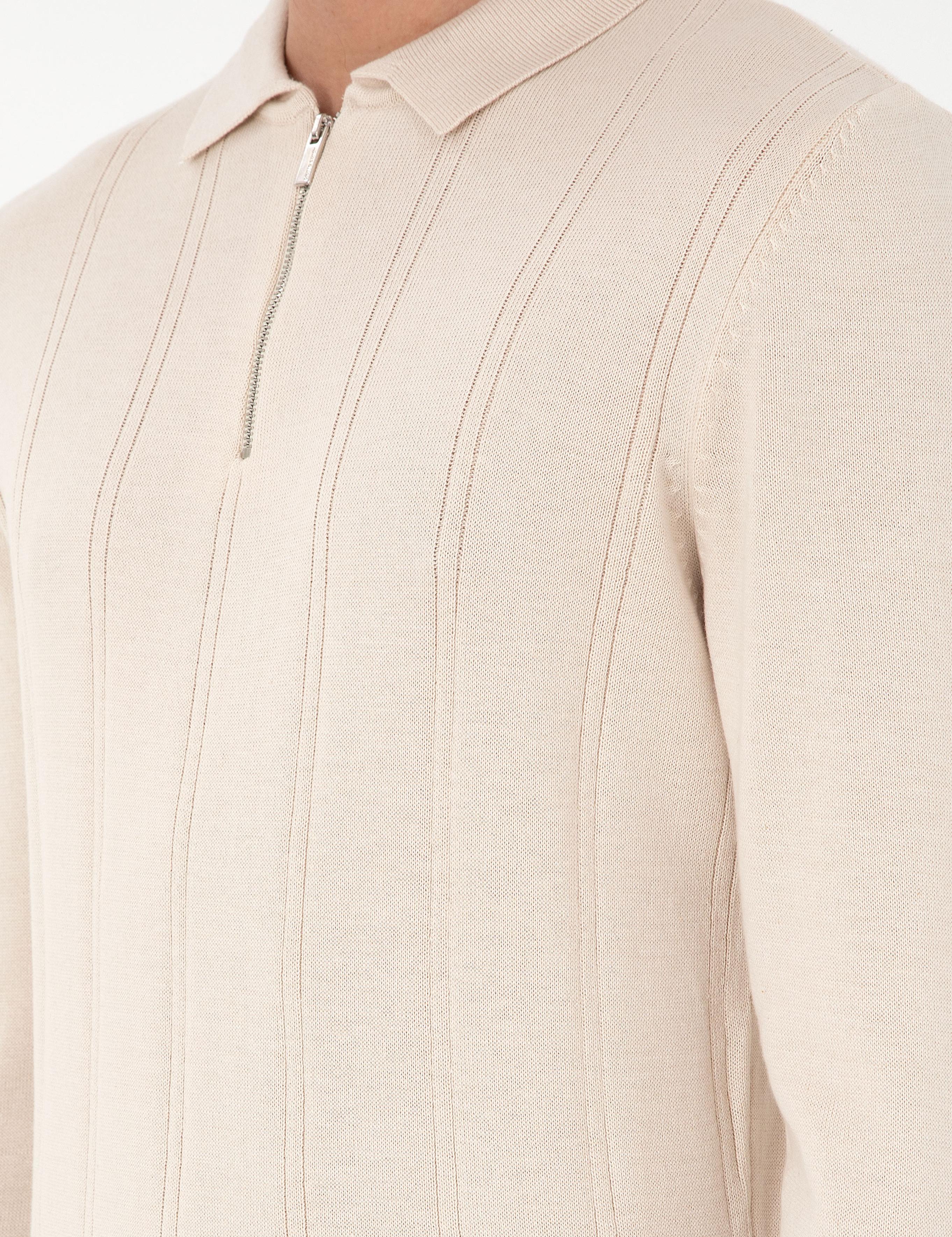 Bej Slim Fit Fermuarlı Polo Yaka Triko Kazak