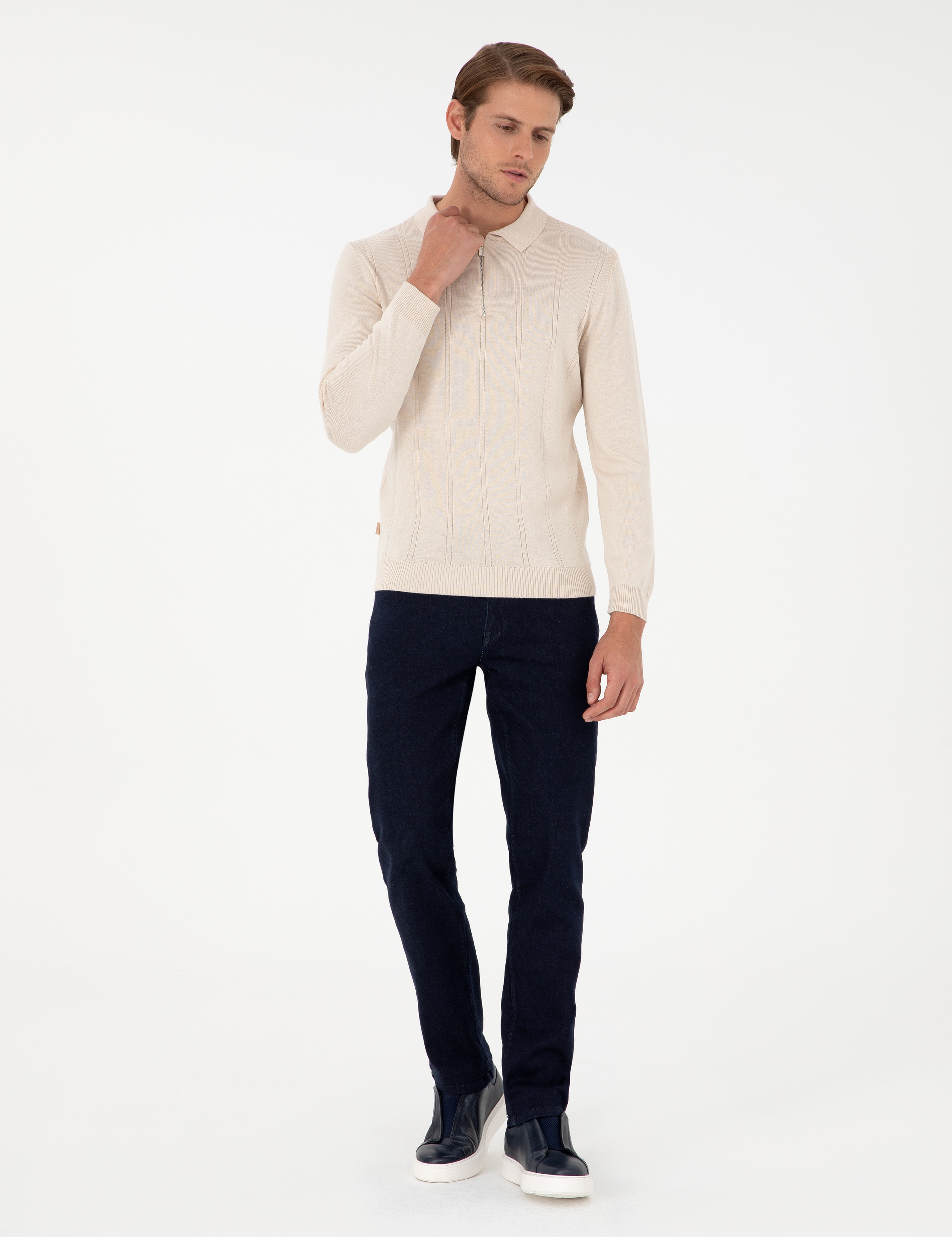 Bej Slim Fit Fermuarlı Polo Yaka Triko Kazak - Image 4