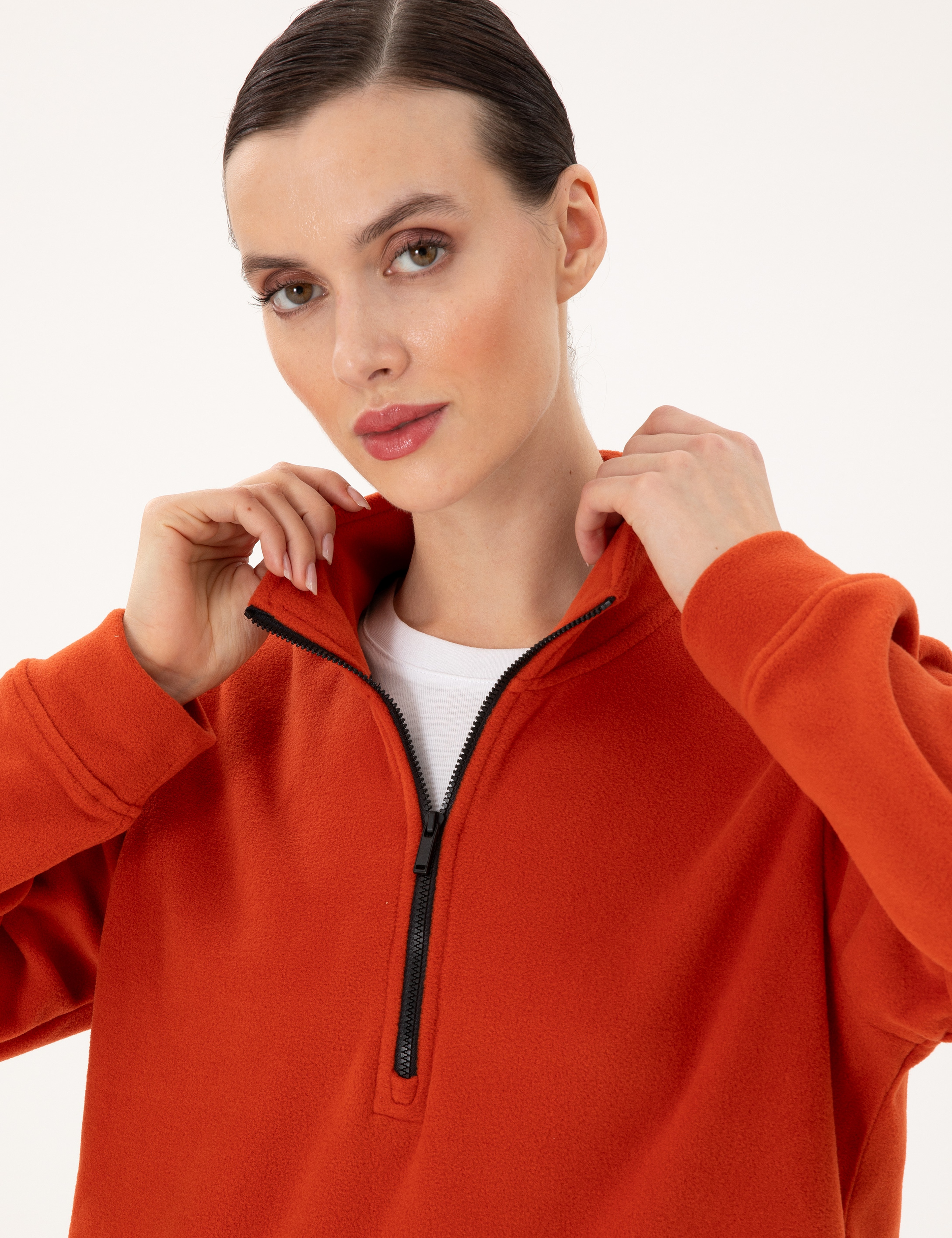 Kiremit Comfort Fit Fermuarlı Polar Sweatshirt - Image 2