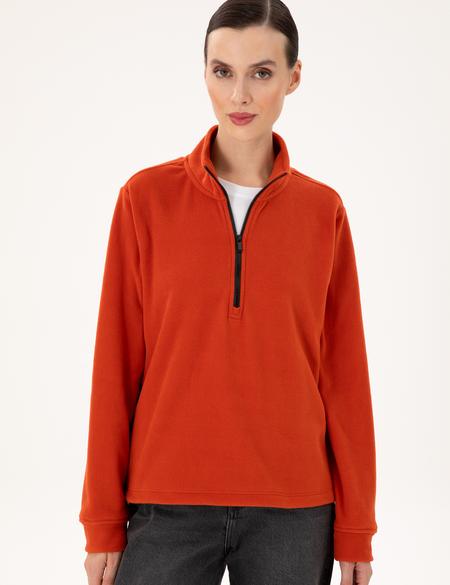 Kiremit Comfort Fit Fermuarlı Polar Sweatshirt - 50300846040