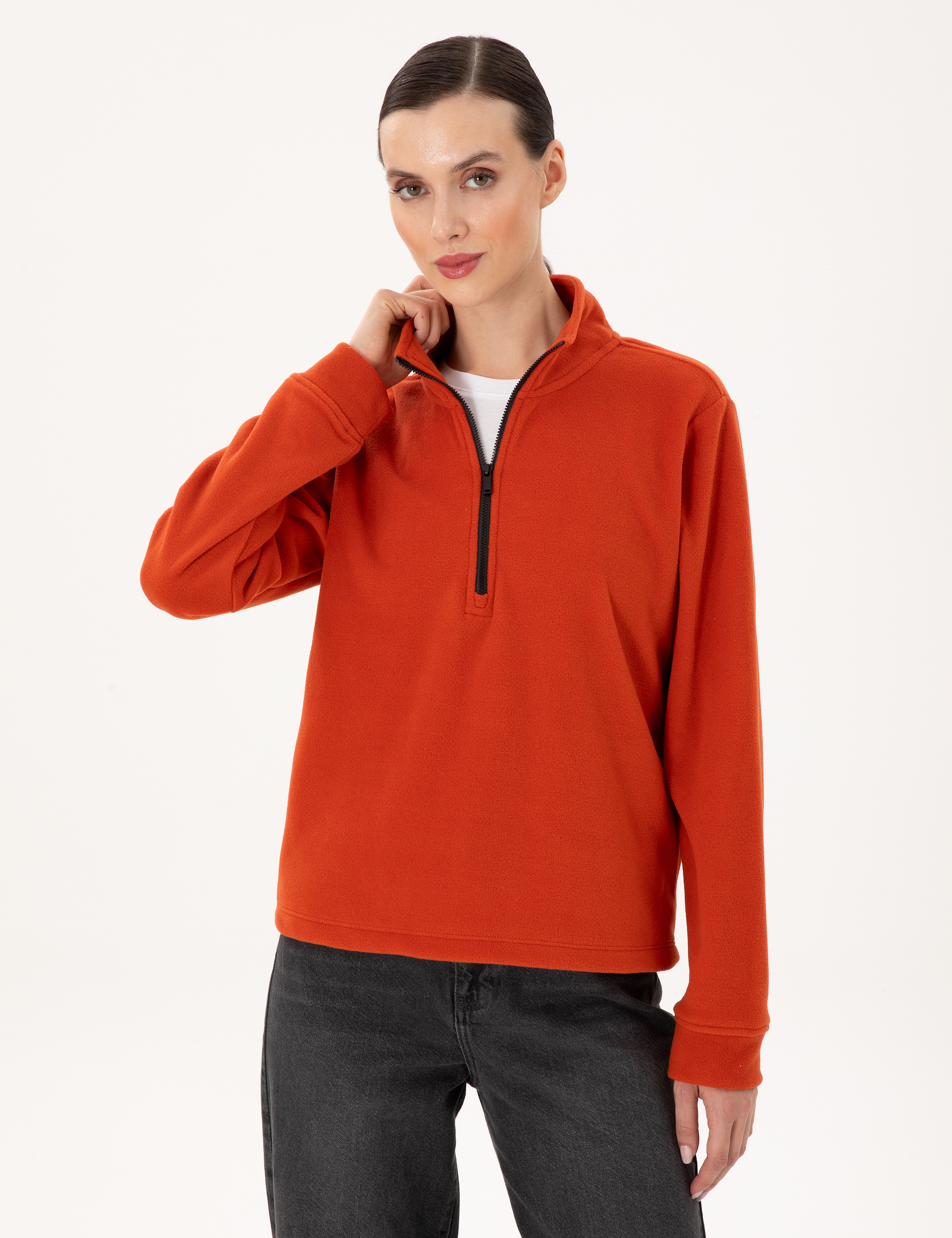 Kiremit Comfort Fit Fermuarlı Polar Sweatshirt - Image 1