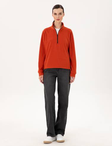 Kiremit Comfort Fit Fermuarlı Polar Sweatshirt