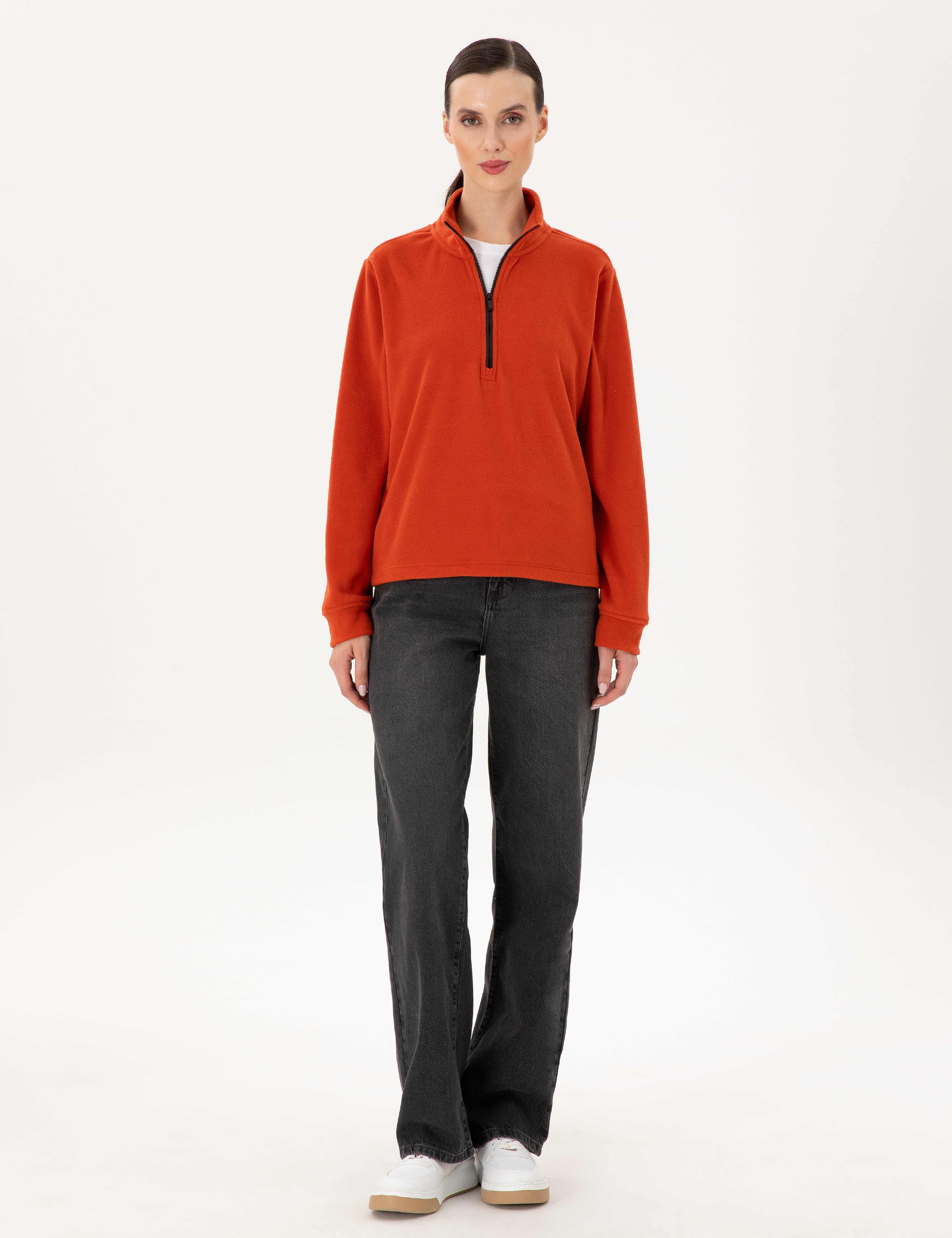 Kiremit Comfort Fit Fermuarlı Polar Sweatshirt