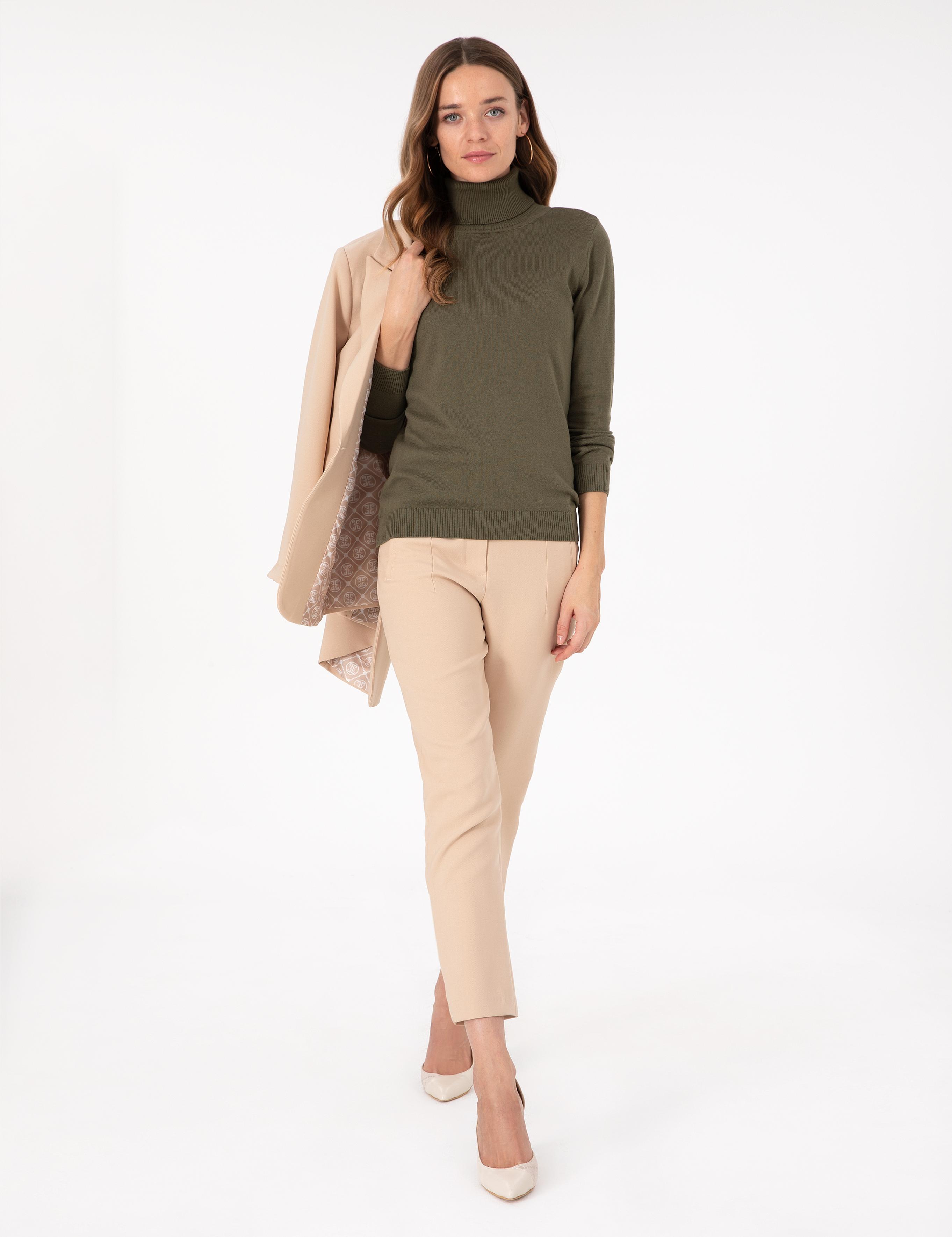 Haki Slim Fit Balıkçı Yaka Basic Kazak