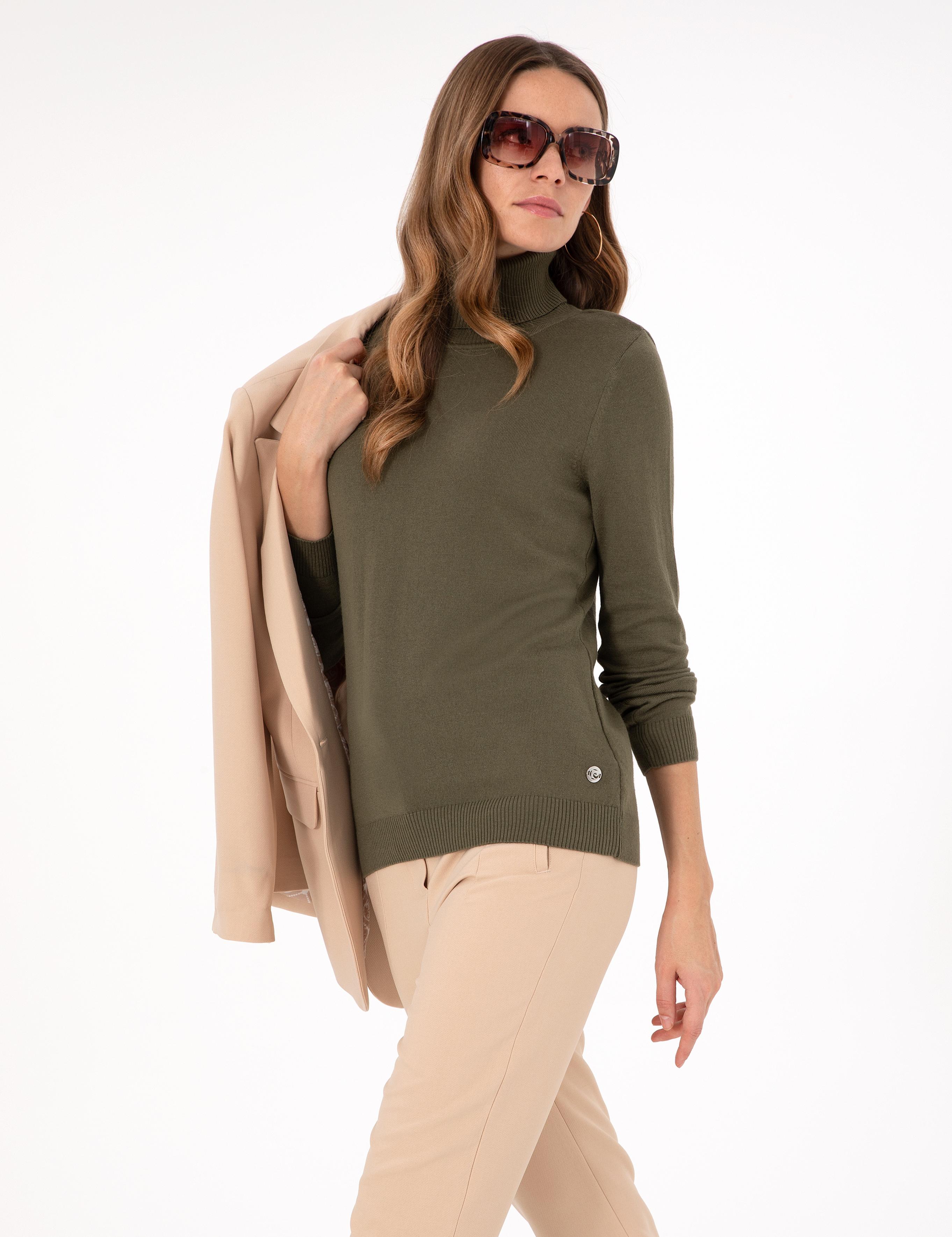 Haki Slim Fit Balıkçı Yaka Basic Kazak