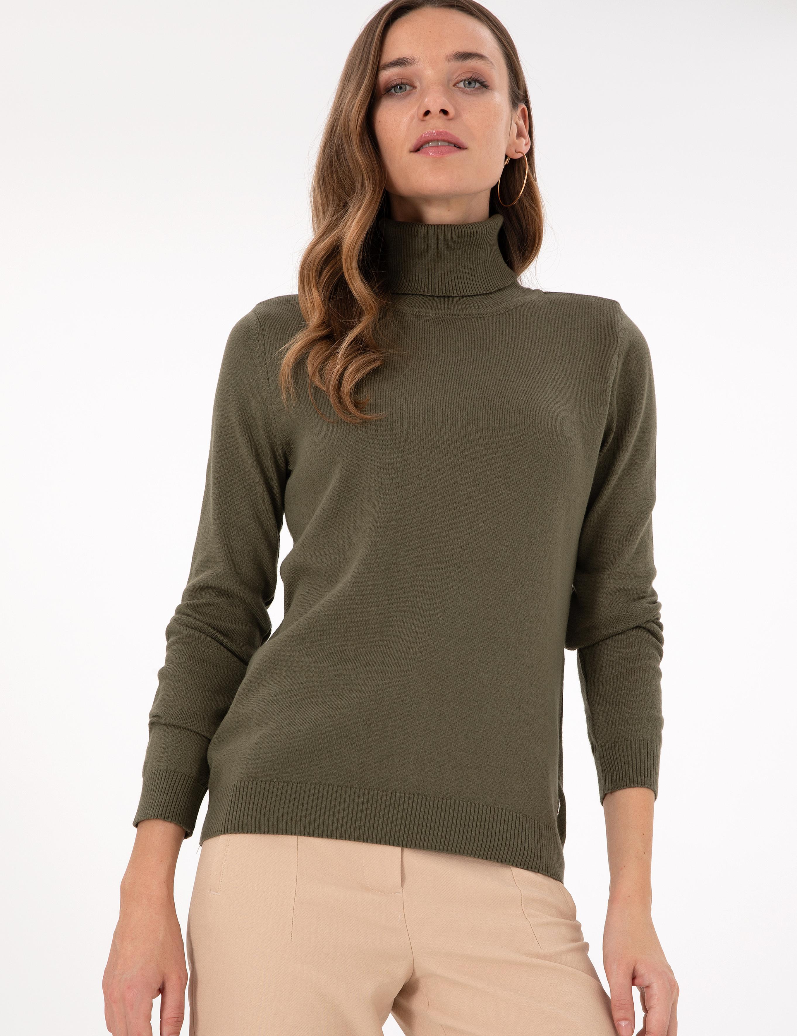 Haki Slim Fit Balıkçı Yaka Basic Kazak