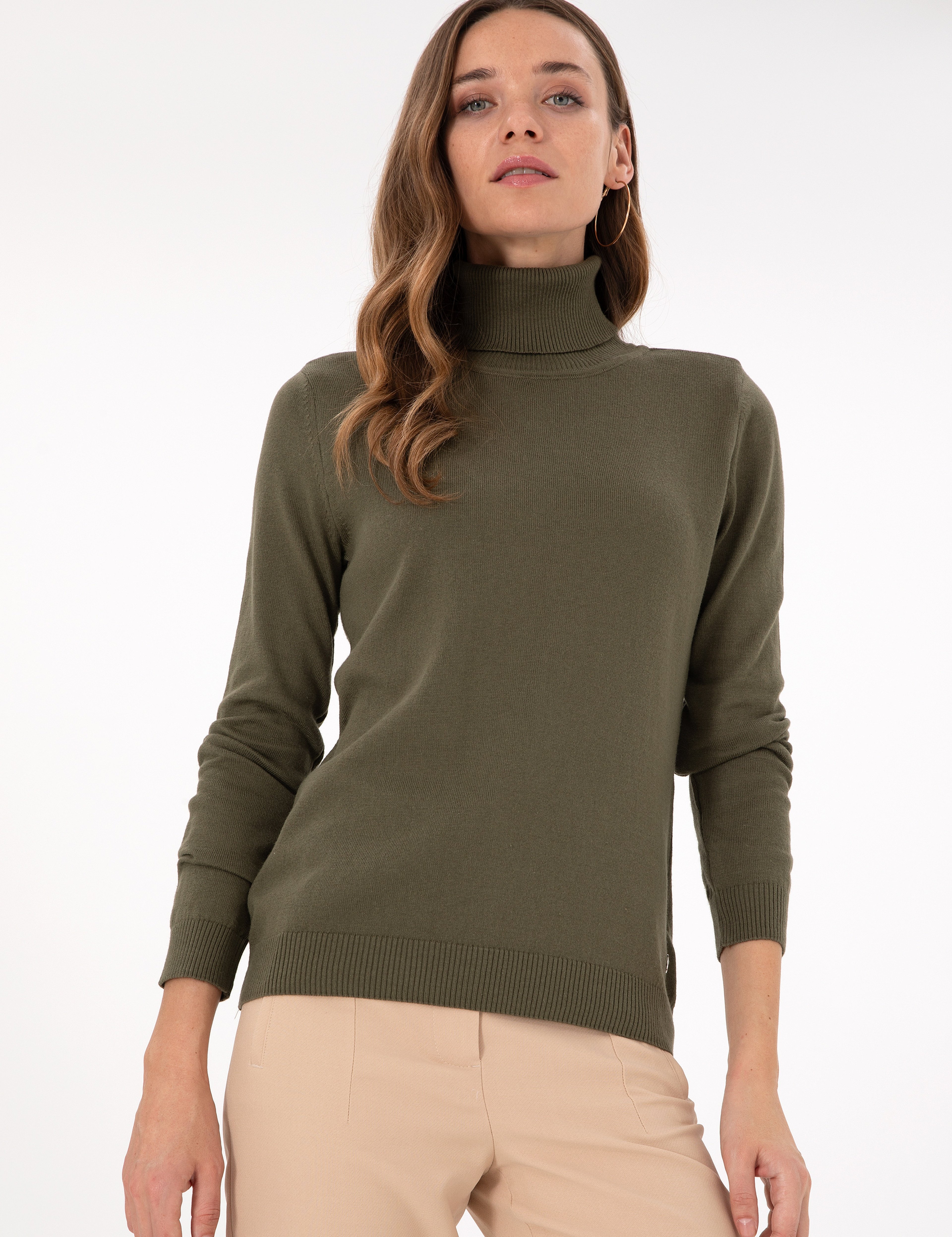 Haki Slim Fit Balıkçı Yaka Basic Kazak - Image 3