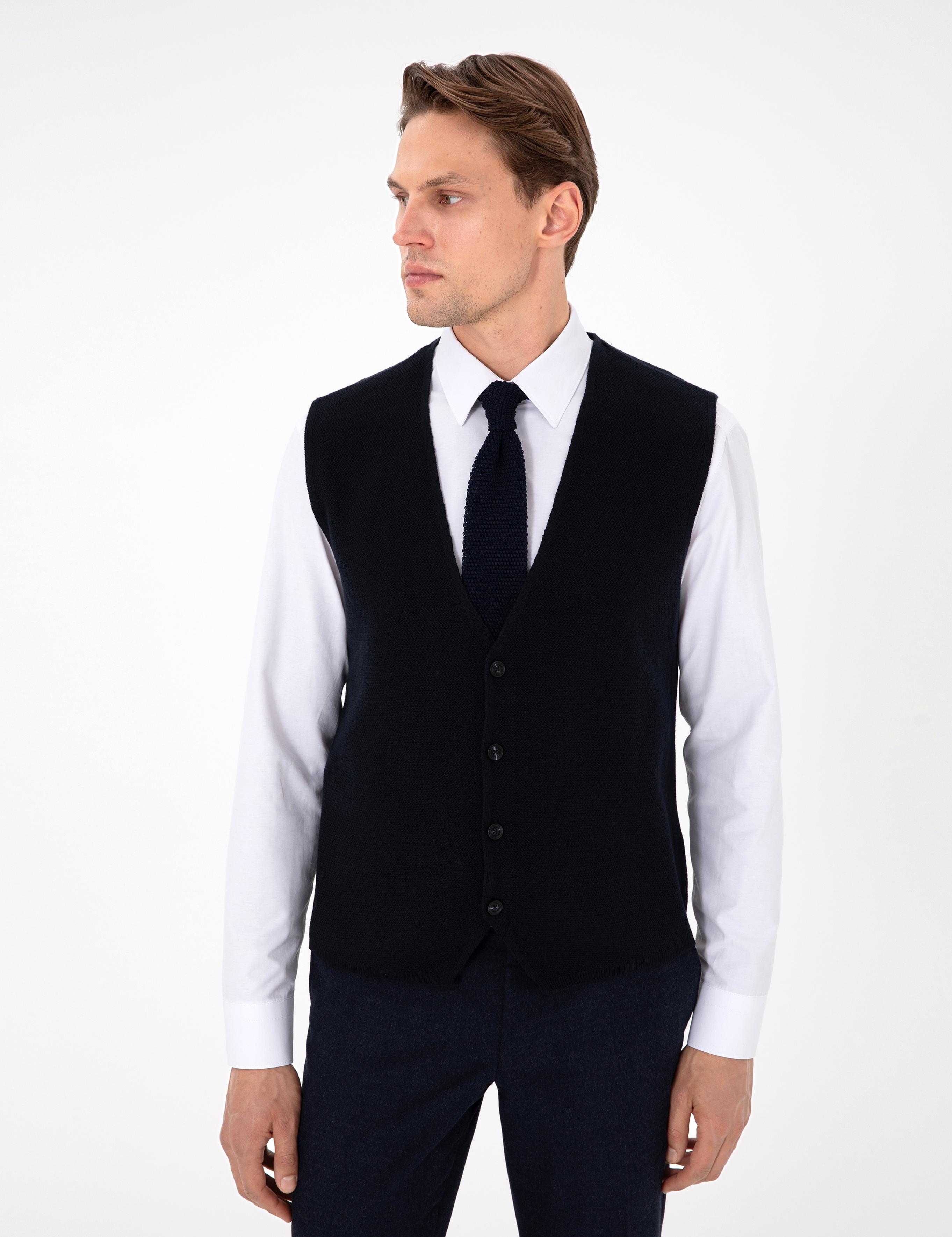 Lacivert Slim Fit V Yaka Triko Yelek