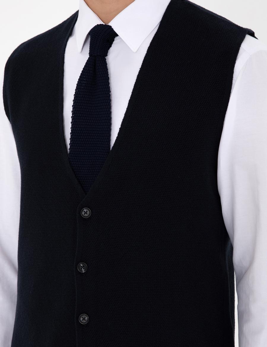 Lacivert Slim Fit V Yaka Triko Yelek