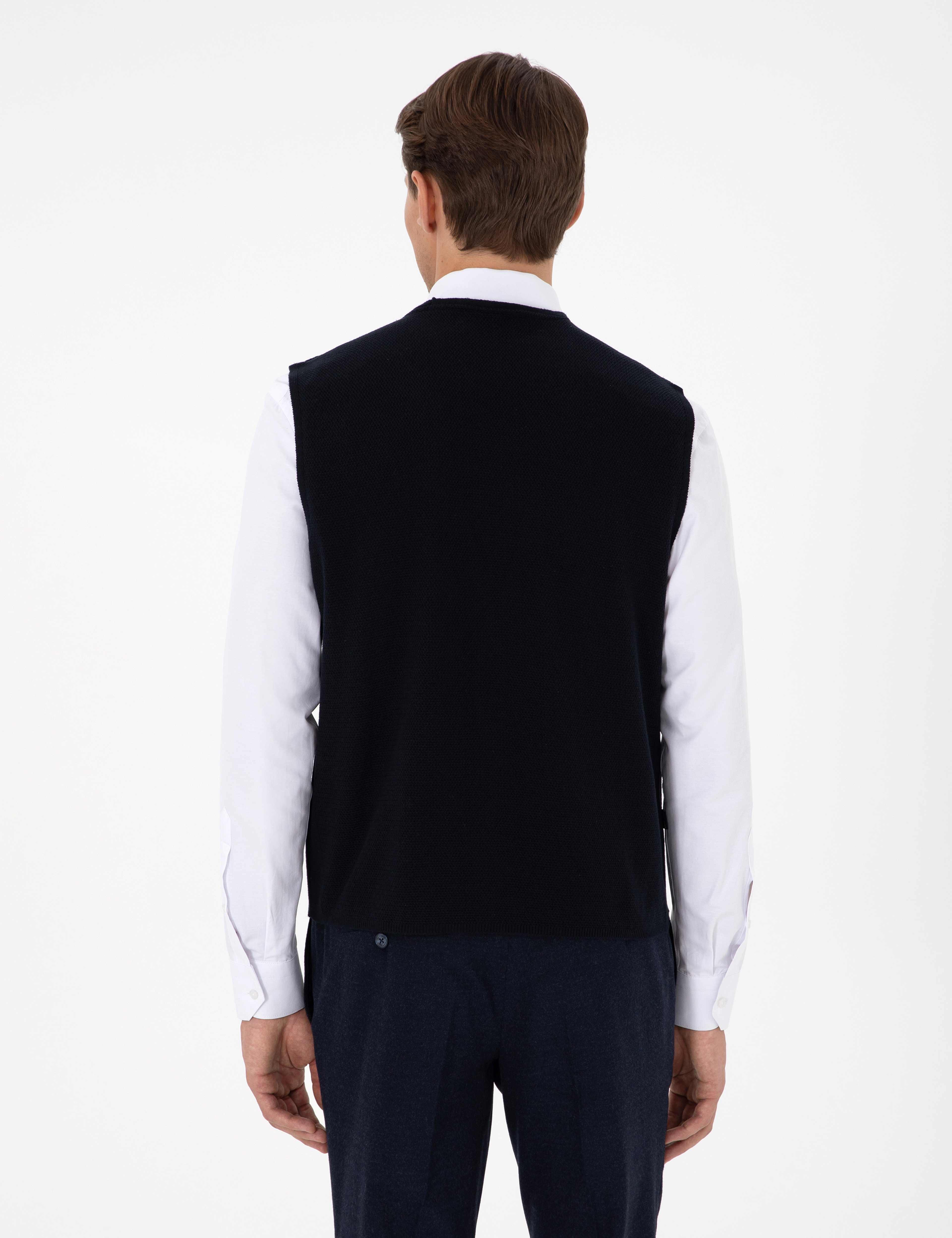 Lacivert Slim Fit V Yaka Triko Yelek - Image 5