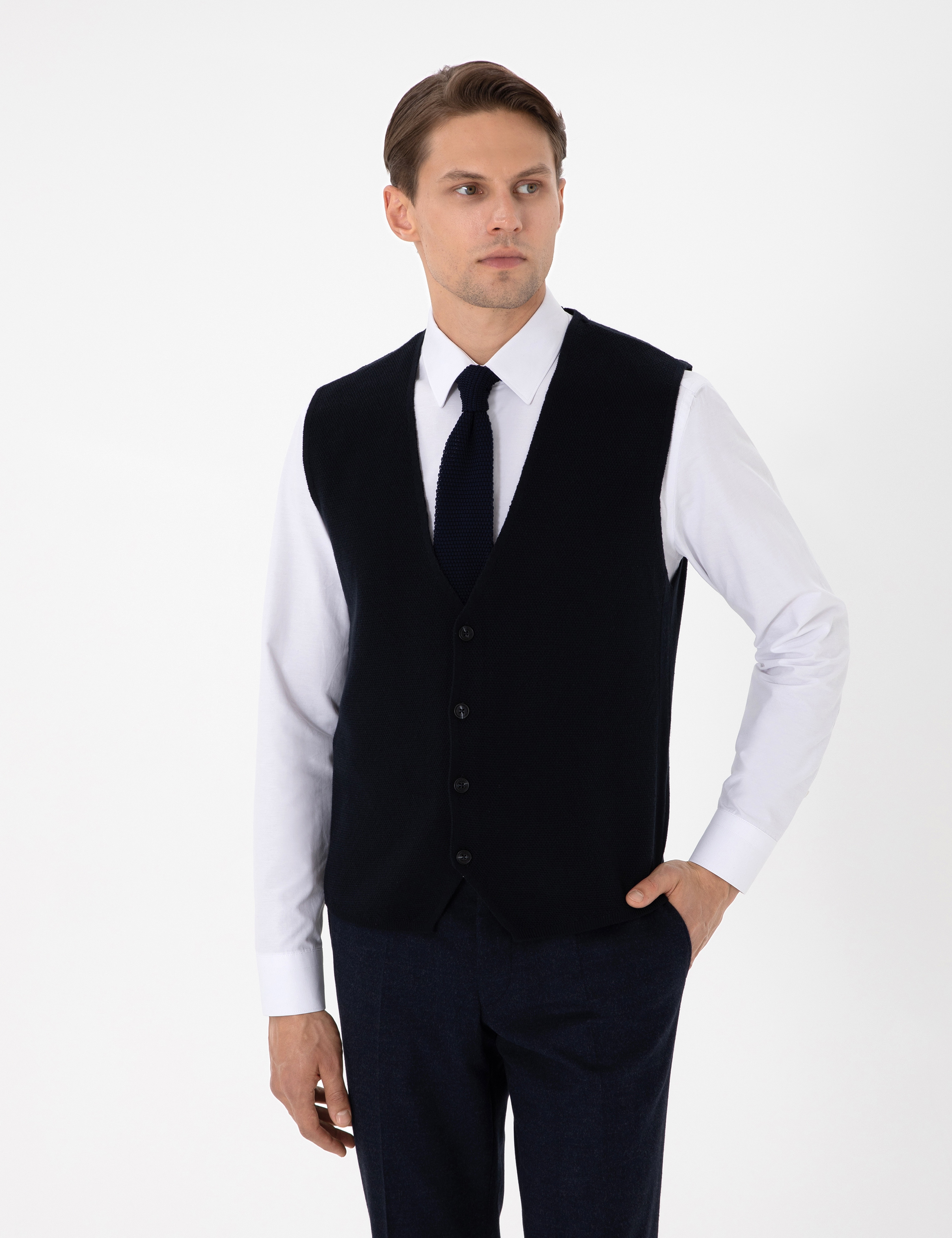 Lacivert Slim Fit V Yaka Triko Yelek - Image 1