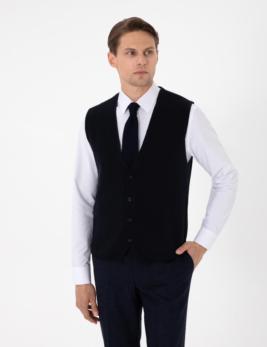 Lacivert Slim Fit V Yaka Triko Yelek