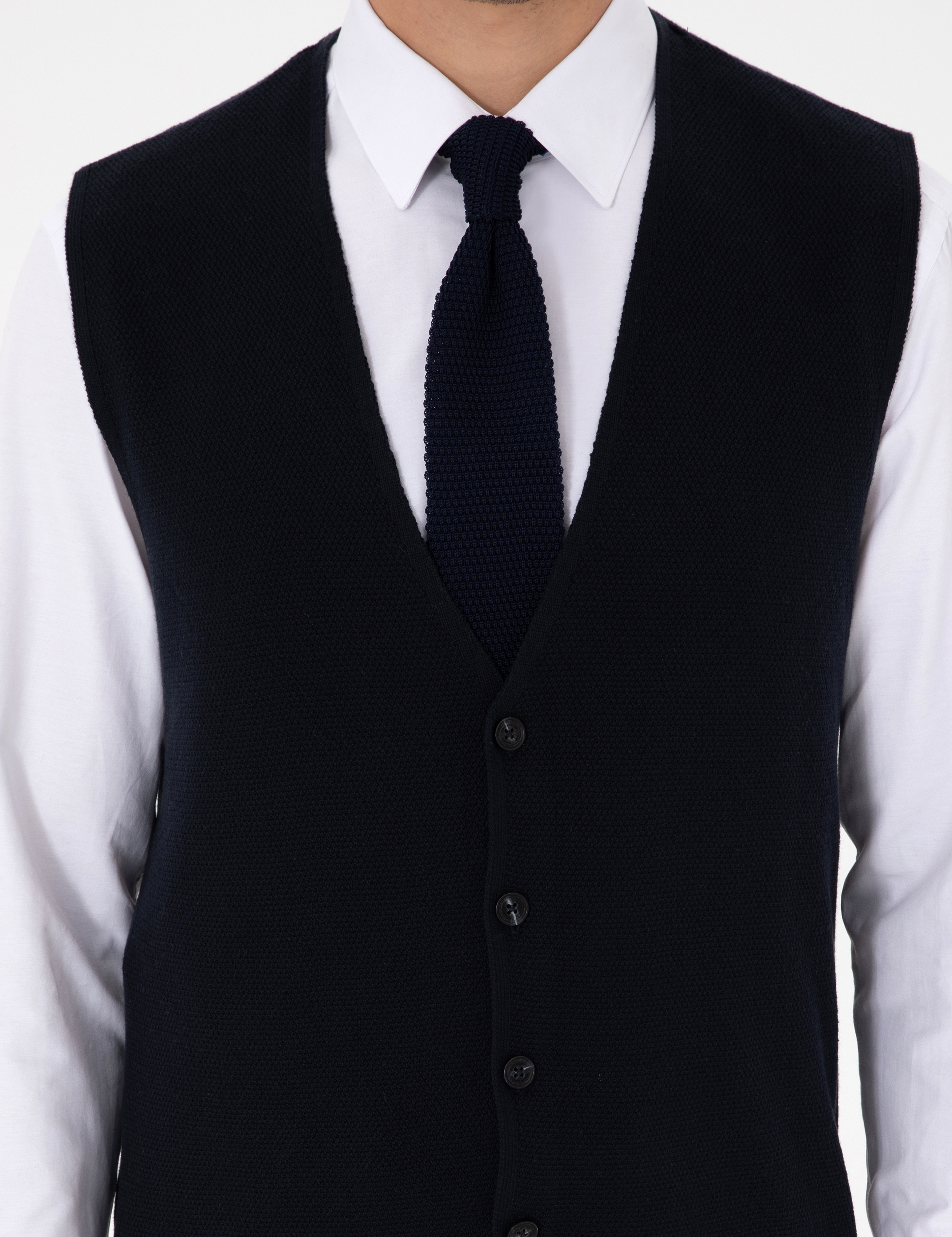 Lacivert Slim Fit V Yaka Triko Yelek - Image 6