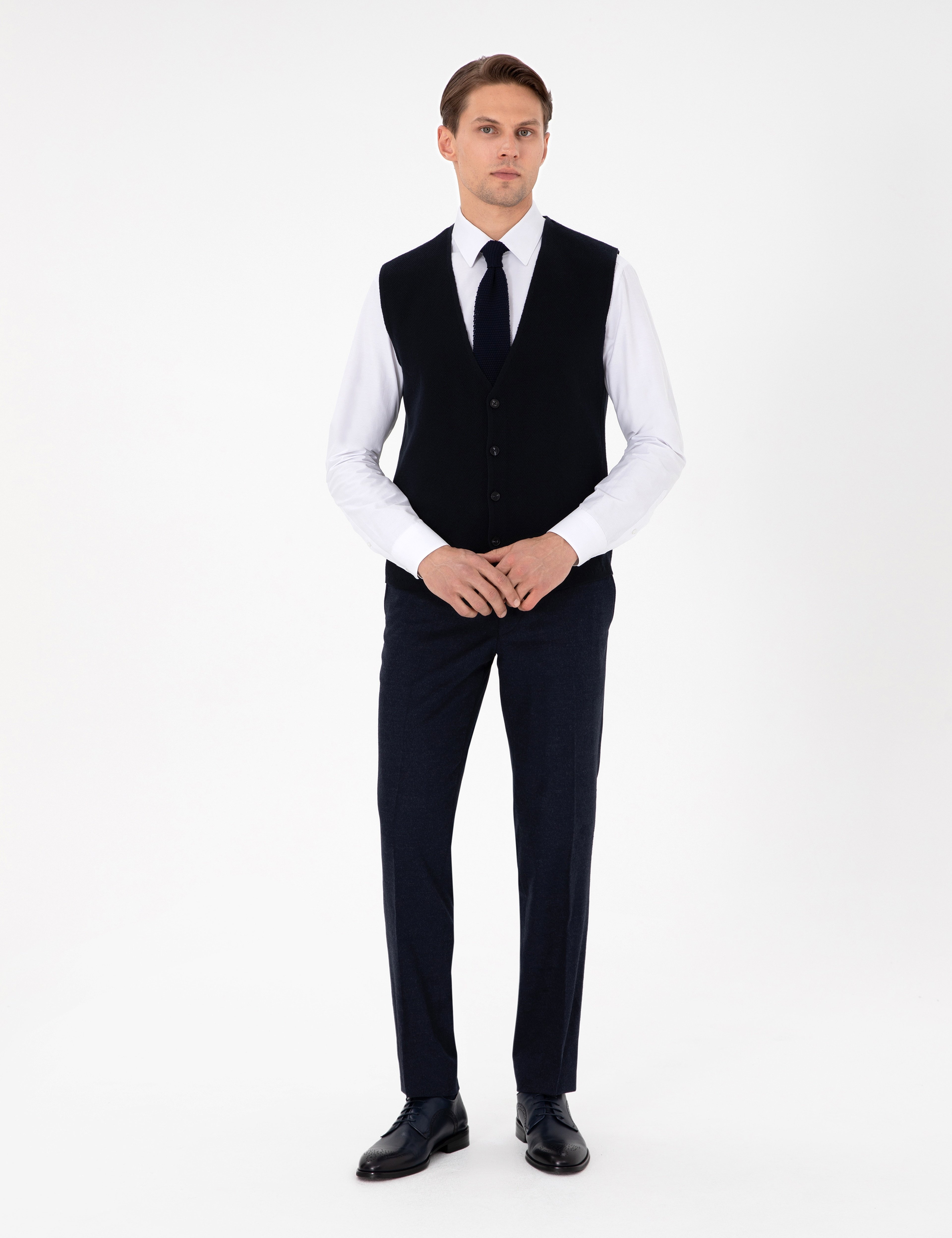 Lacivert Slim Fit V Yaka Triko Yelek