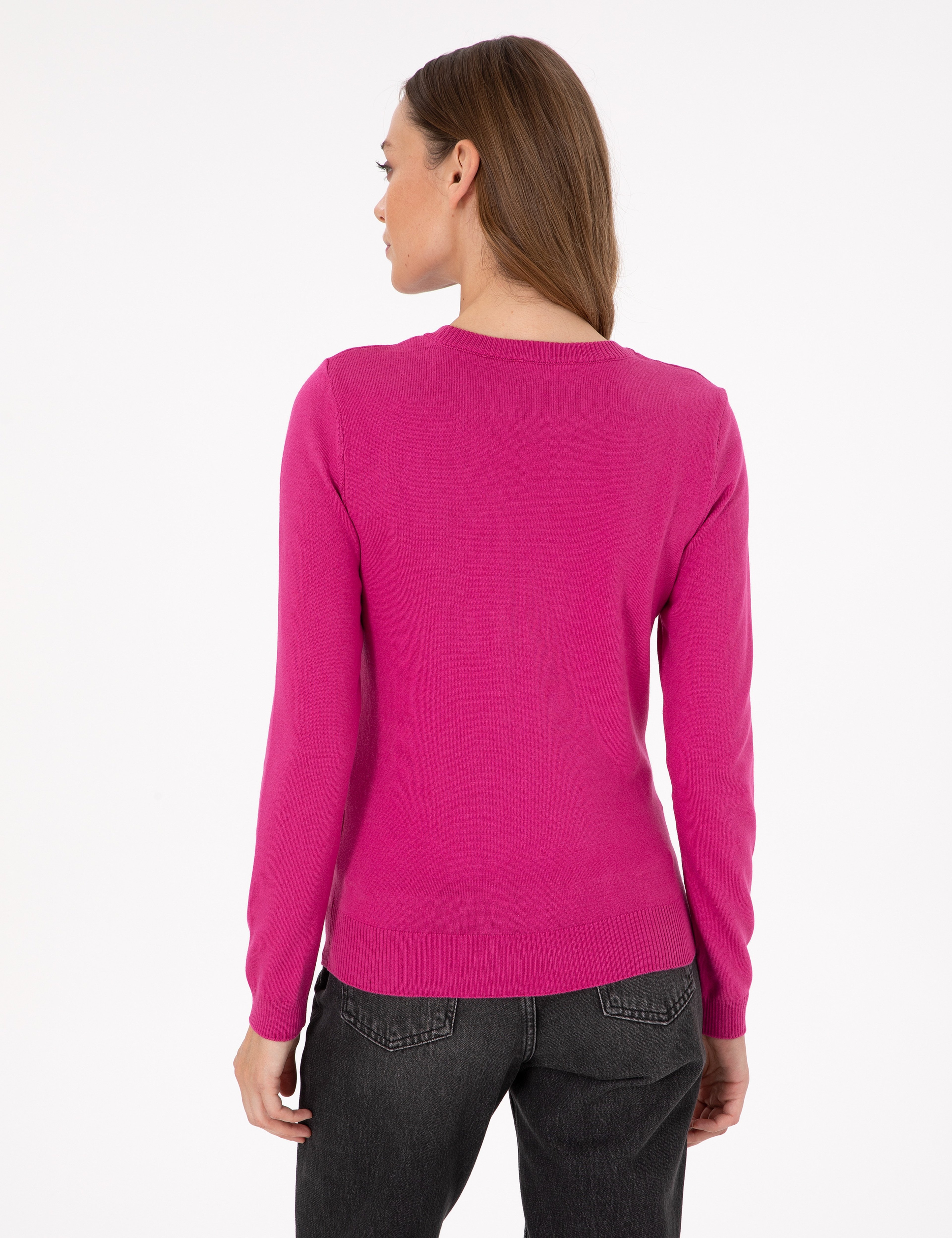 Fuşya Slim Fit Basic Kazak