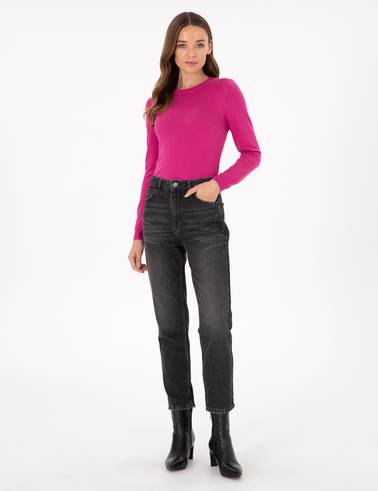 Fuşya Slim Fit Basic Kazak