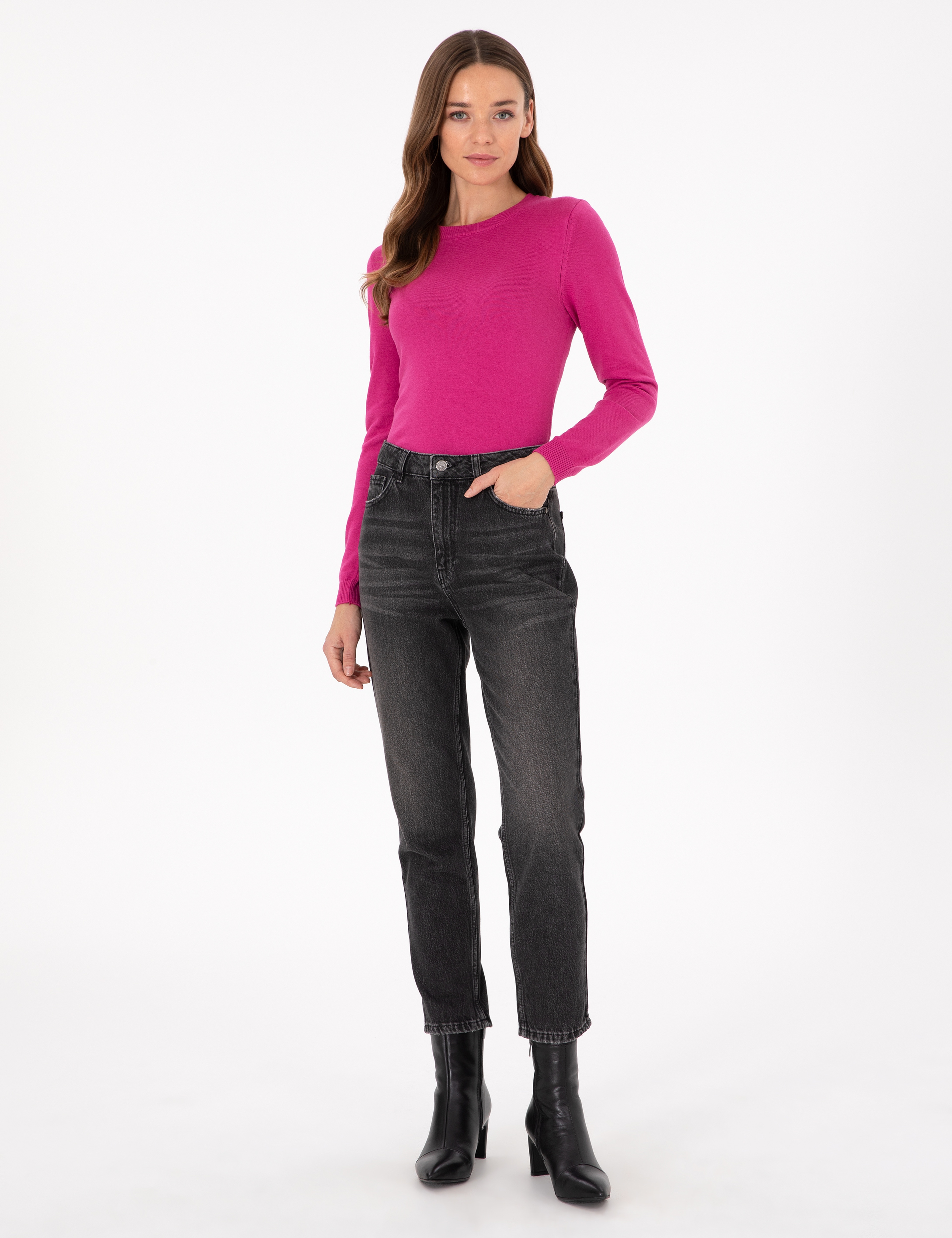 Fuşya Slim Fit Basic Kazak - Image 4