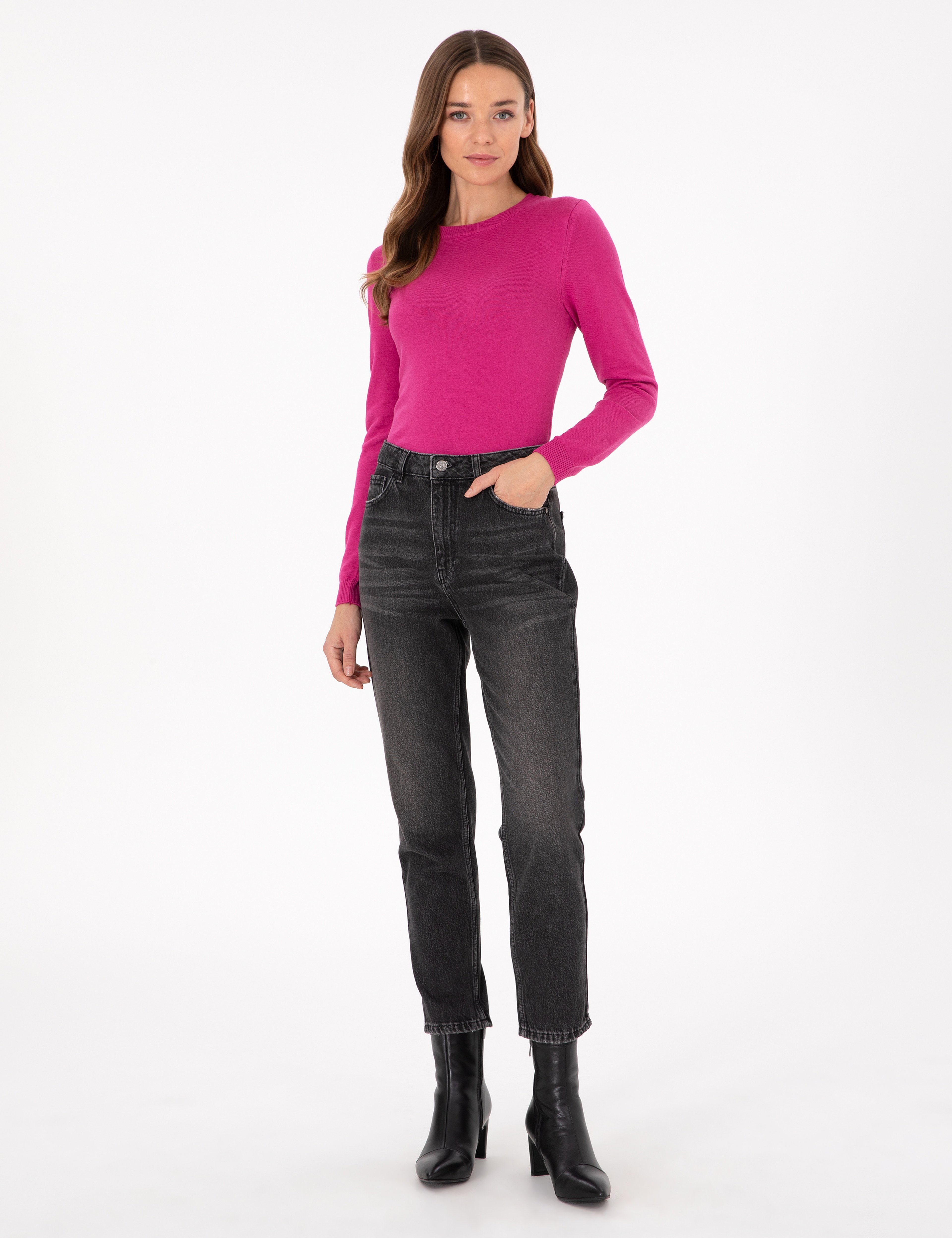 Fuşya Slim Fit Basic Kazak
