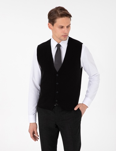 Siyah Slim Fit V Yaka Triko Yelek