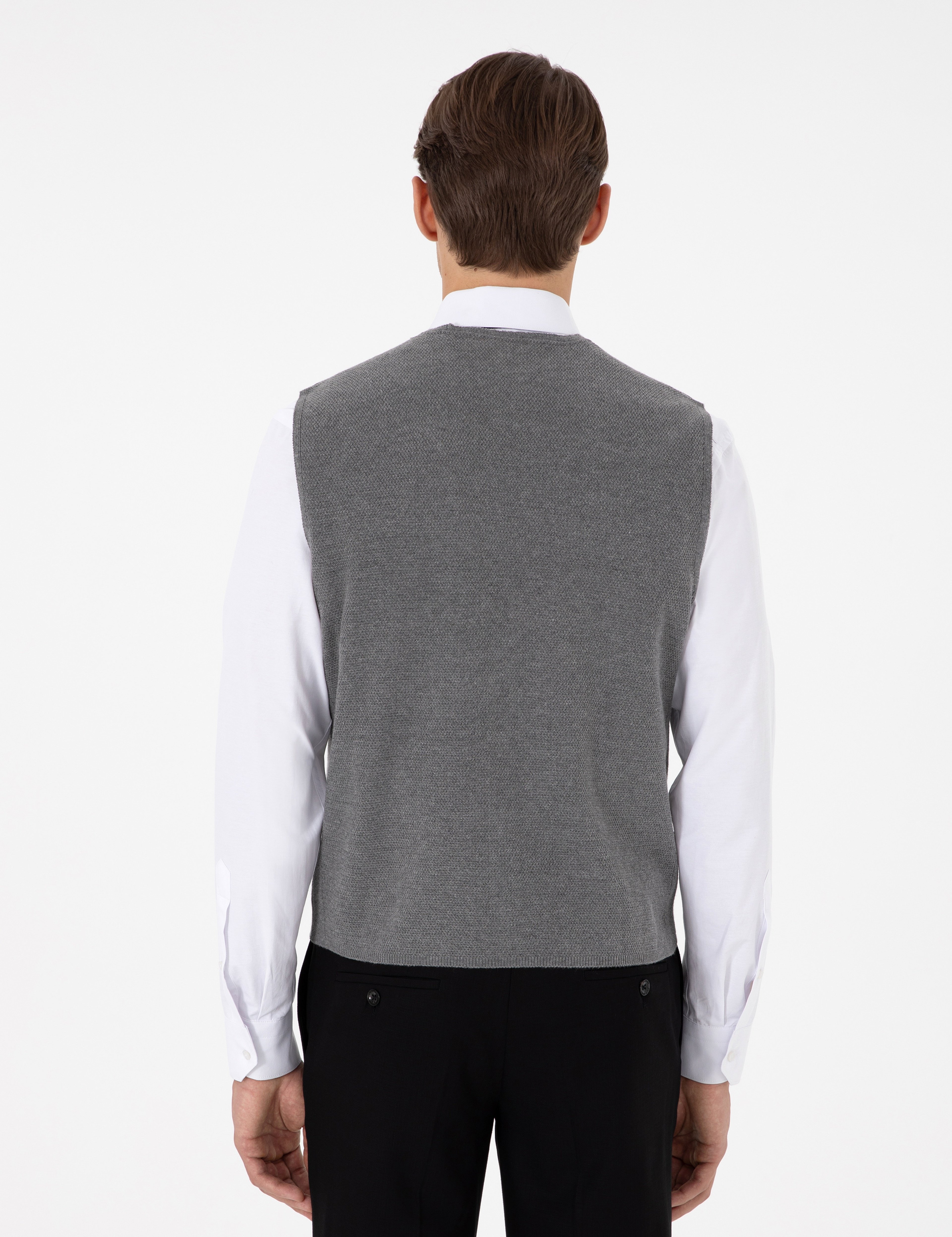 Gri Melanj Slim Fit V Yaka Triko Yelek - Image 5