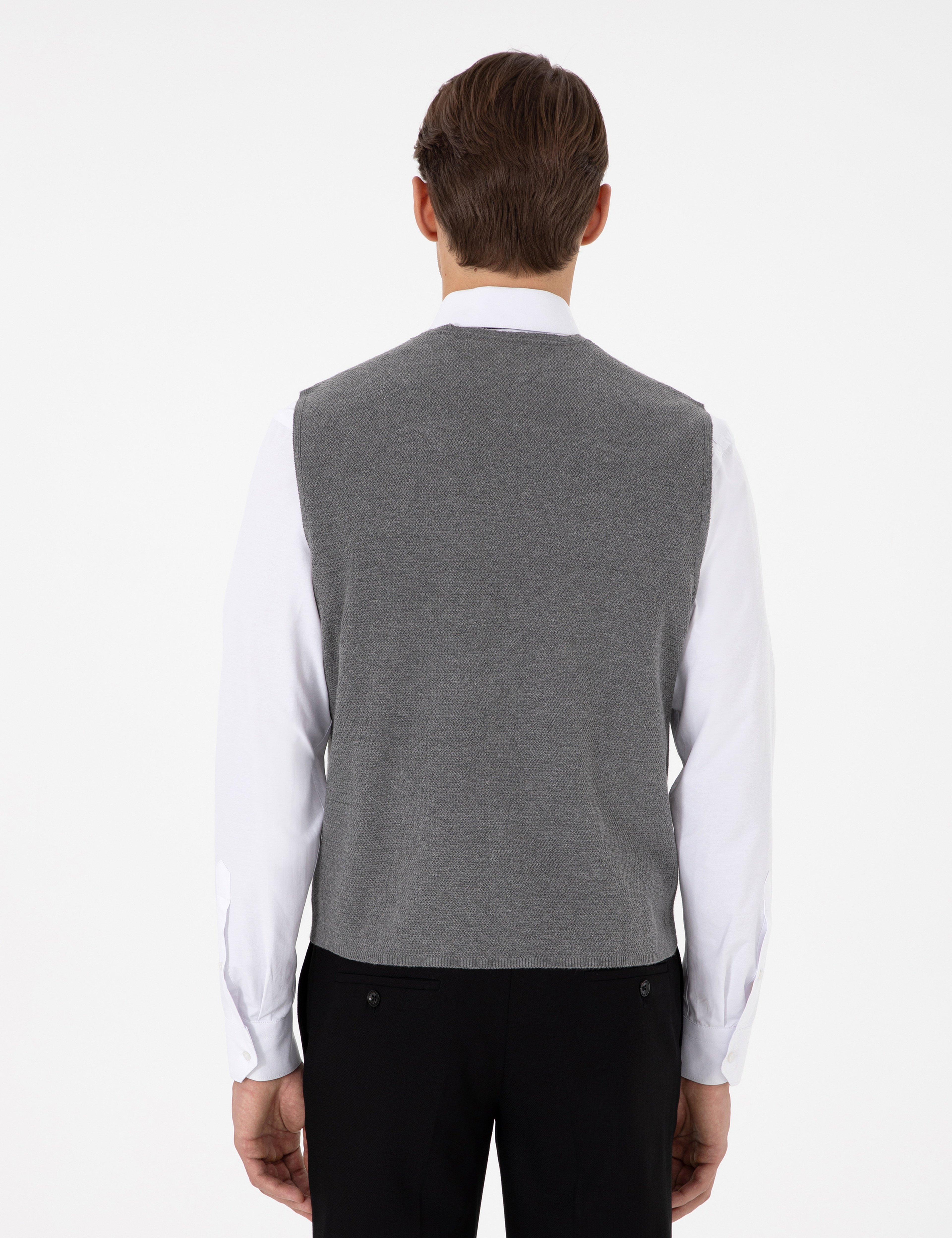 Gri Melanj Slim Fit V Yaka Triko Yelek