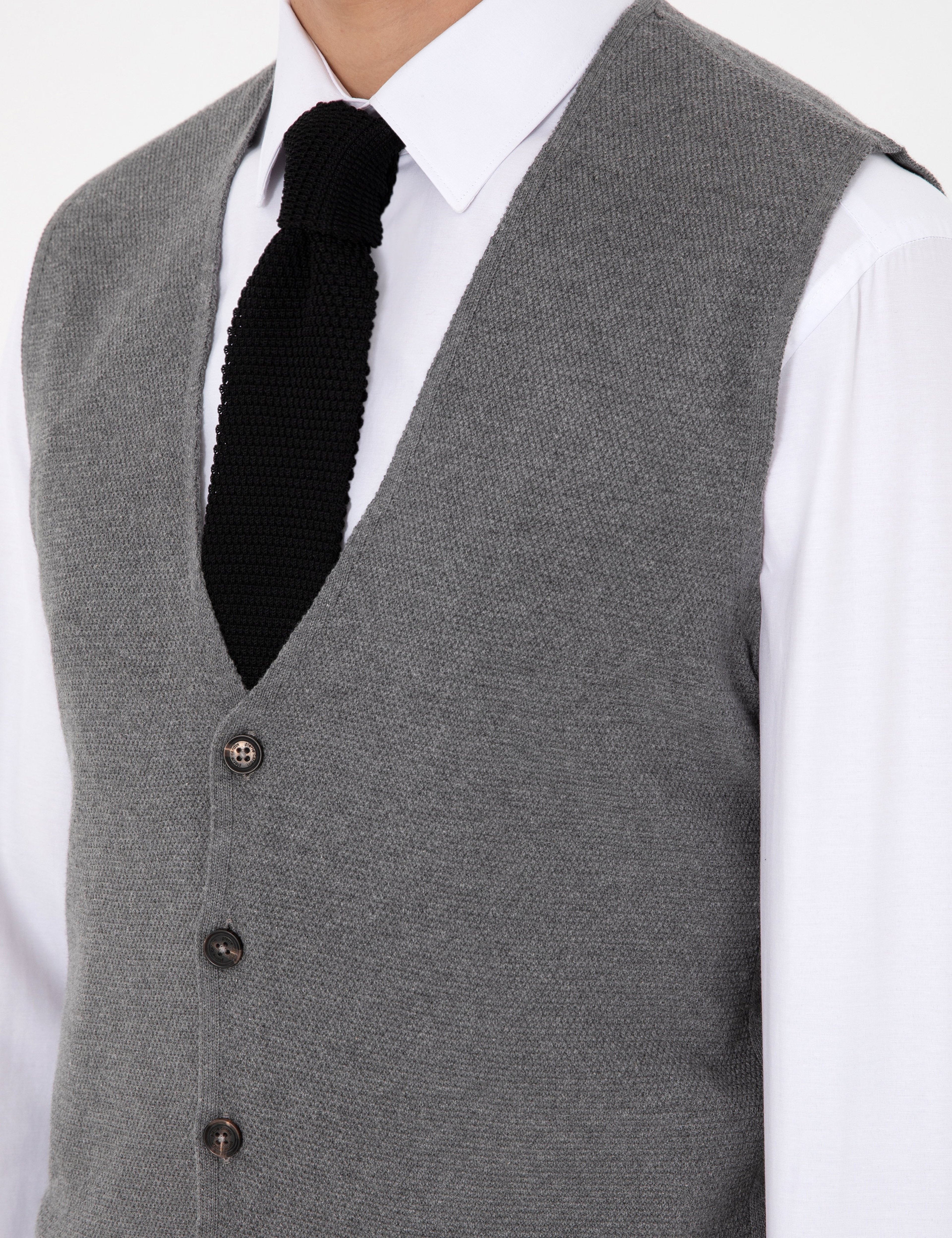 Gri Melanj Slim Fit V Yaka Triko Yelek