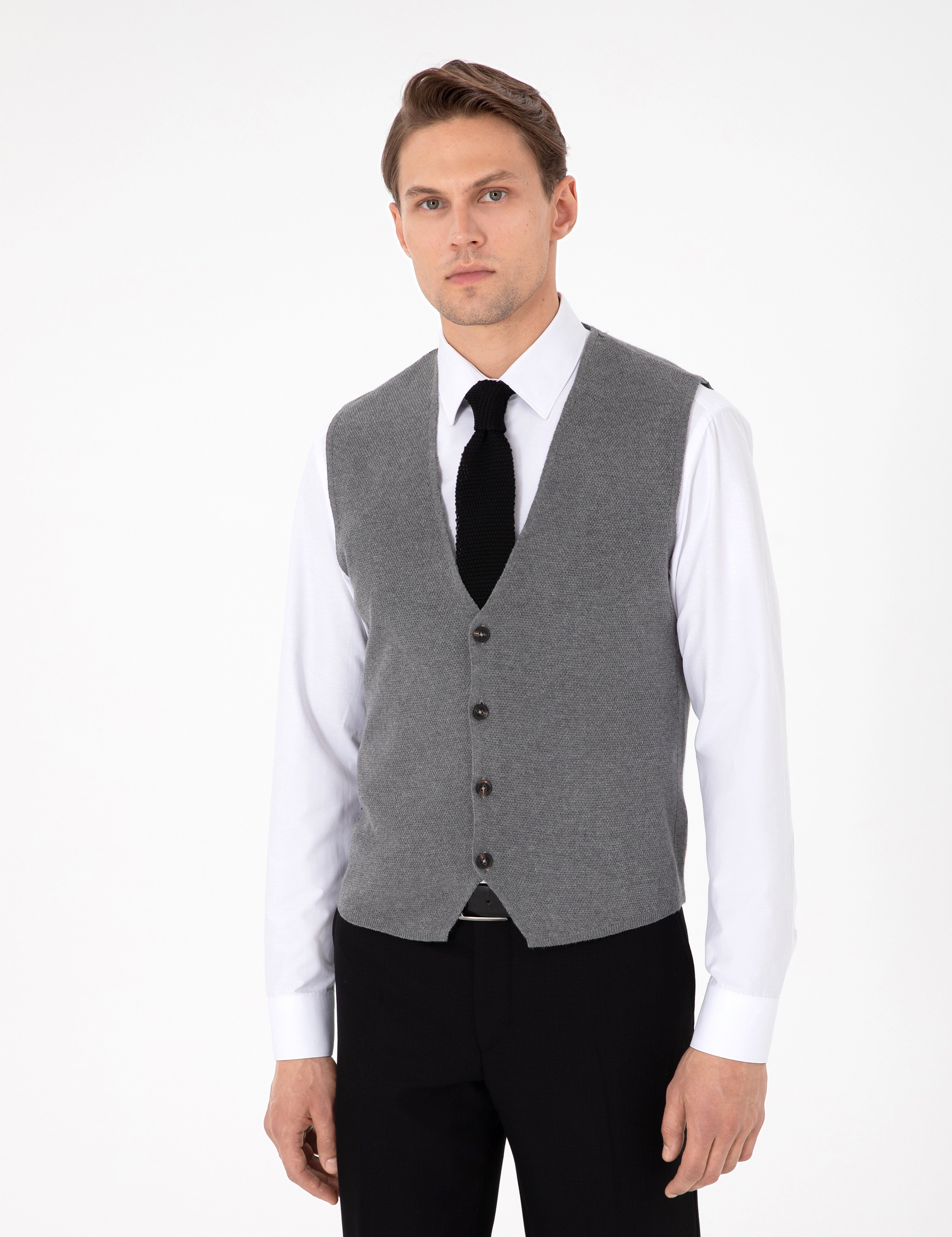 Gri Melanj Slim Fit V Yaka Triko Yelek - Image 1