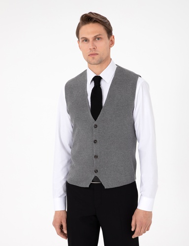 Gri Melanj Slim Fit V Yaka Triko Yelek