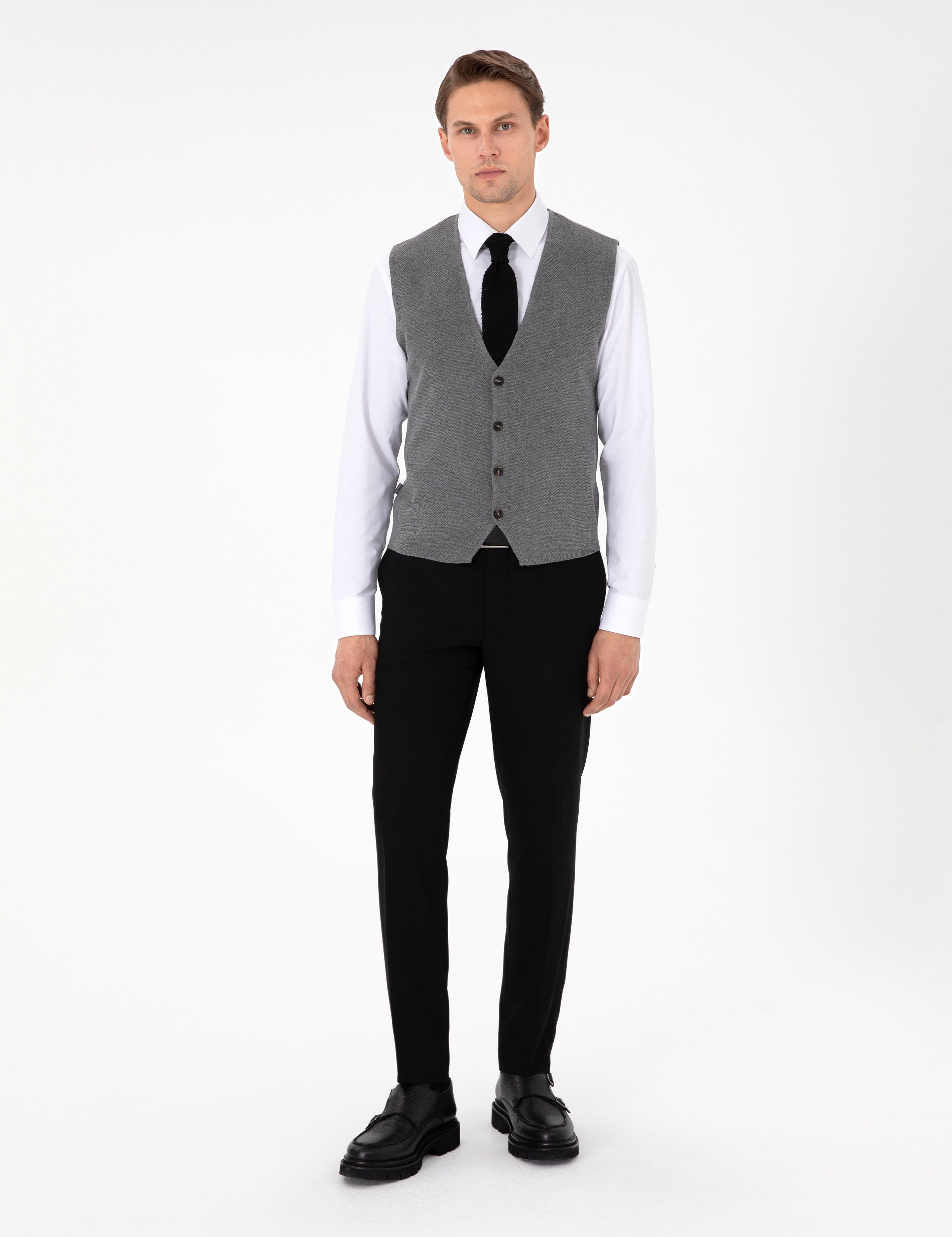 Gri Melanj Slim Fit V Yaka Triko Yelek - Image 4