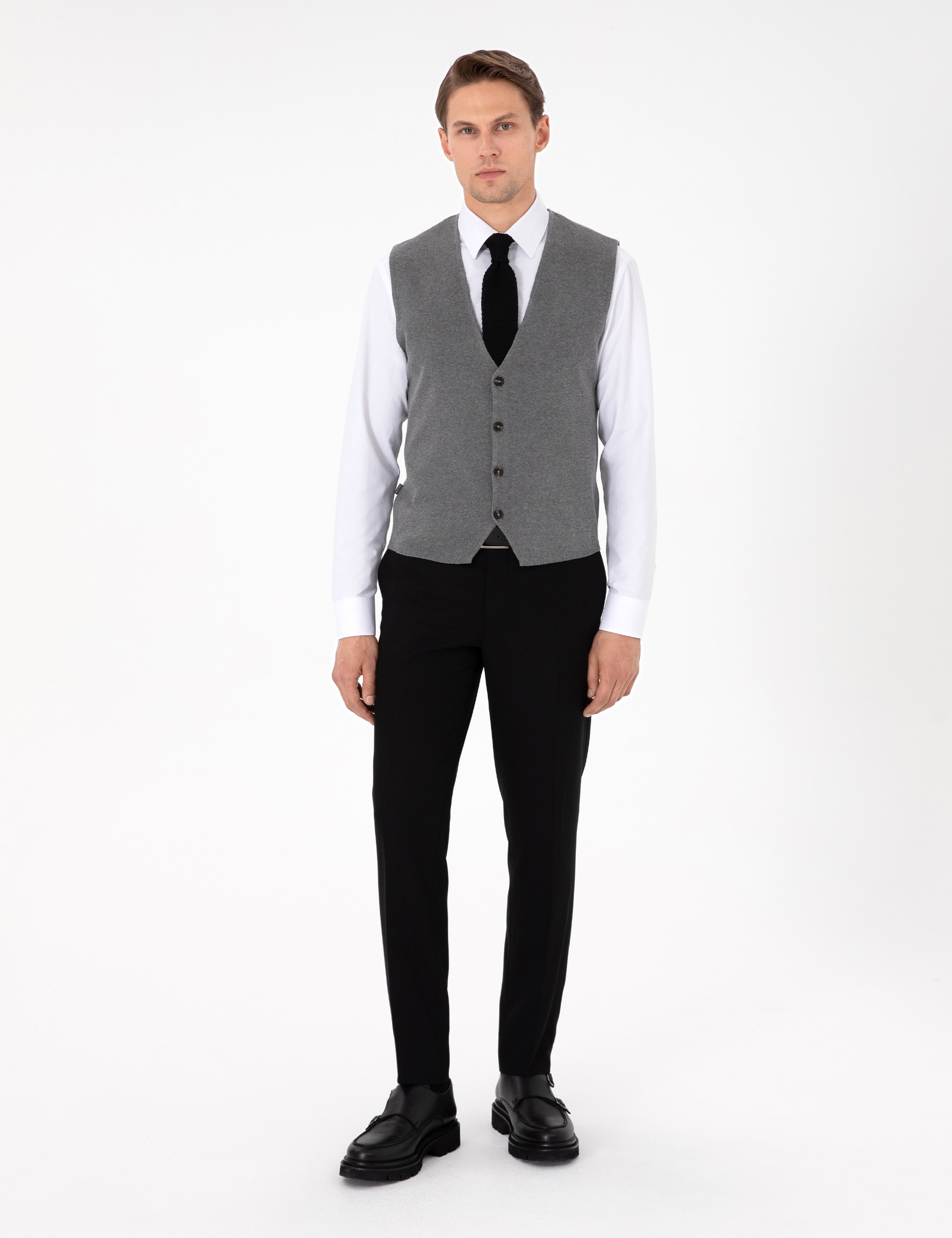 Gri Melanj Slim Fit V Yaka Triko Yelek
