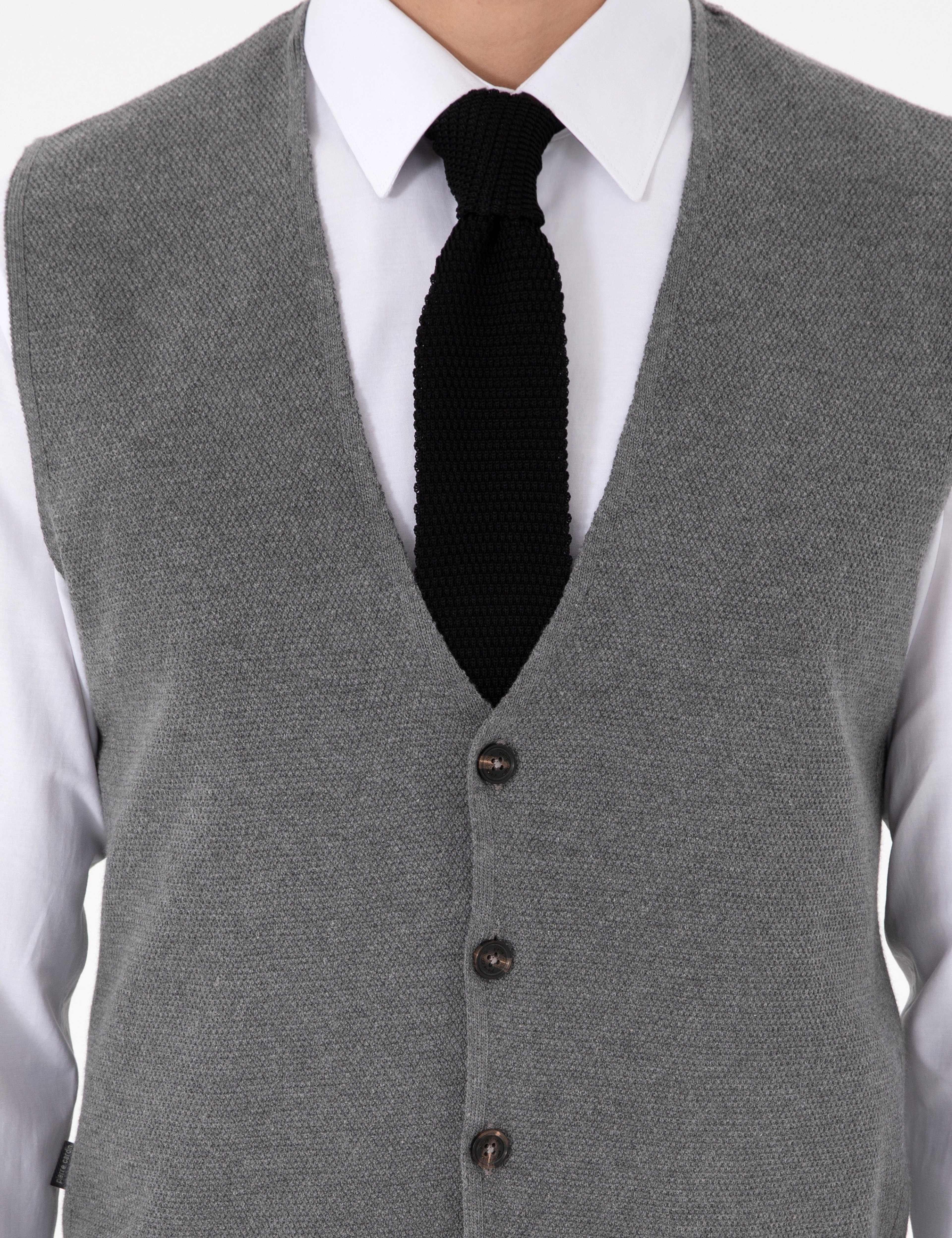 Gri Melanj Slim Fit V Yaka Triko Yelek - Image 6