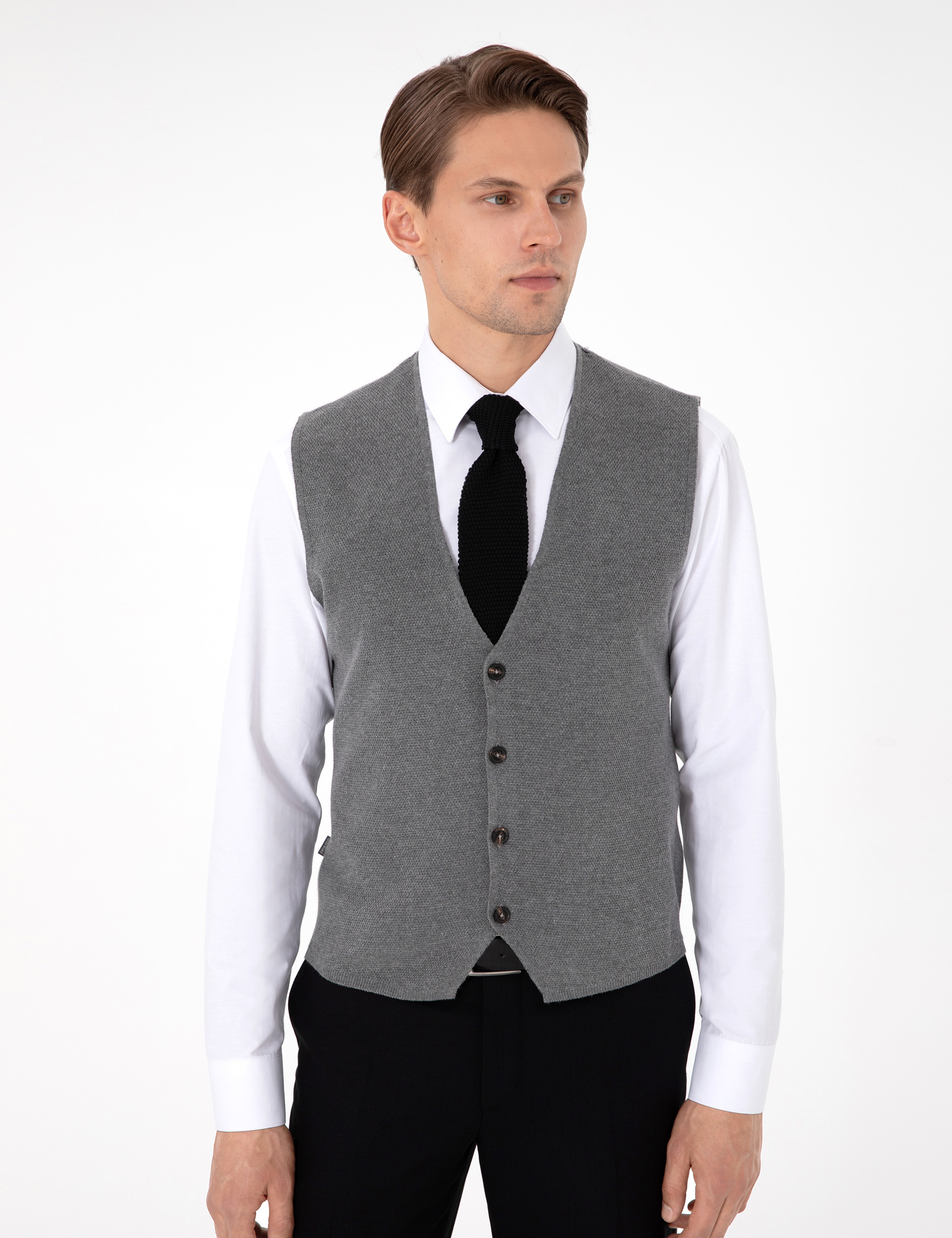 Gri Melanj Slim Fit V Yaka Triko Yelek