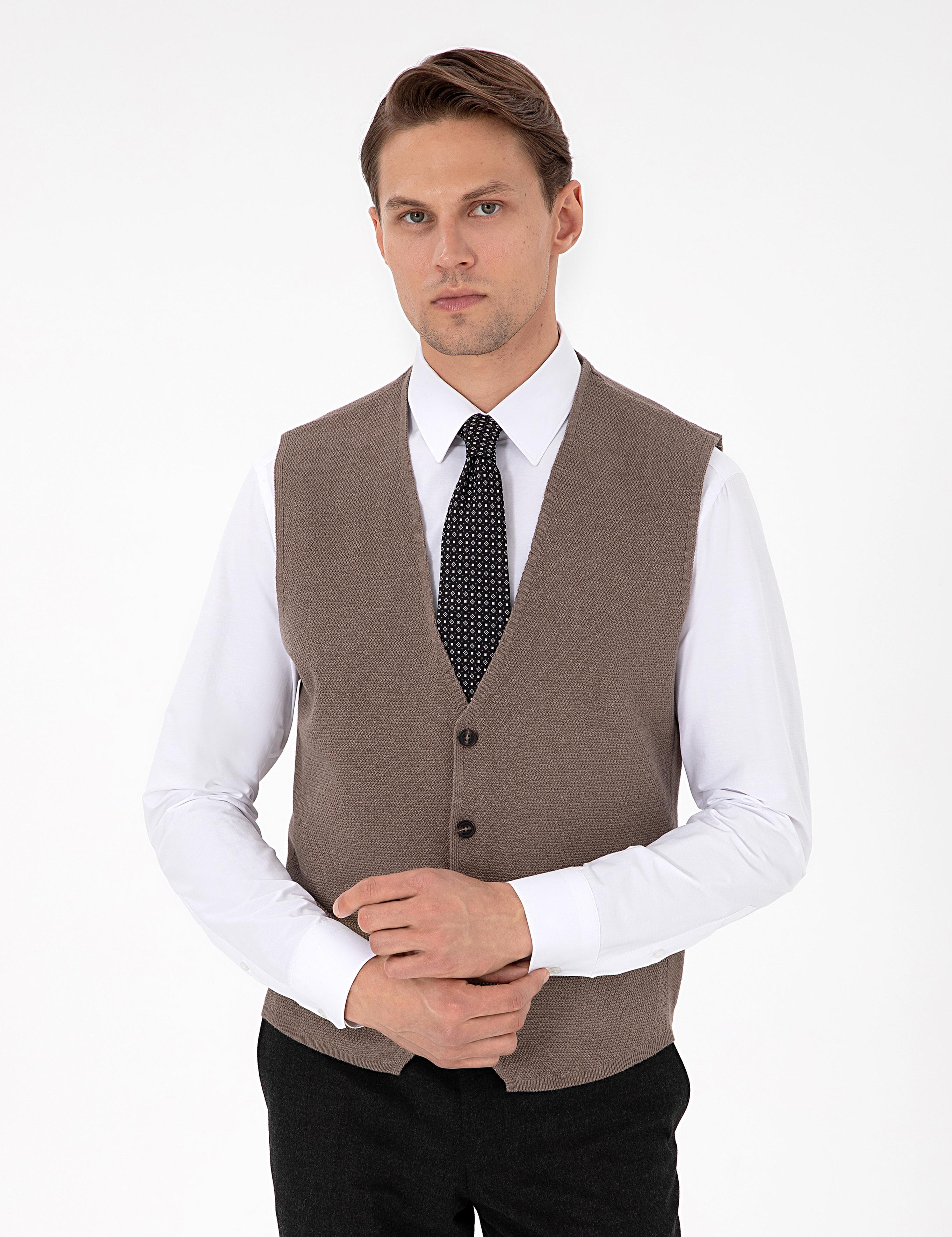 Vizon Melanj Slim Fit V Yaka Triko Yelek