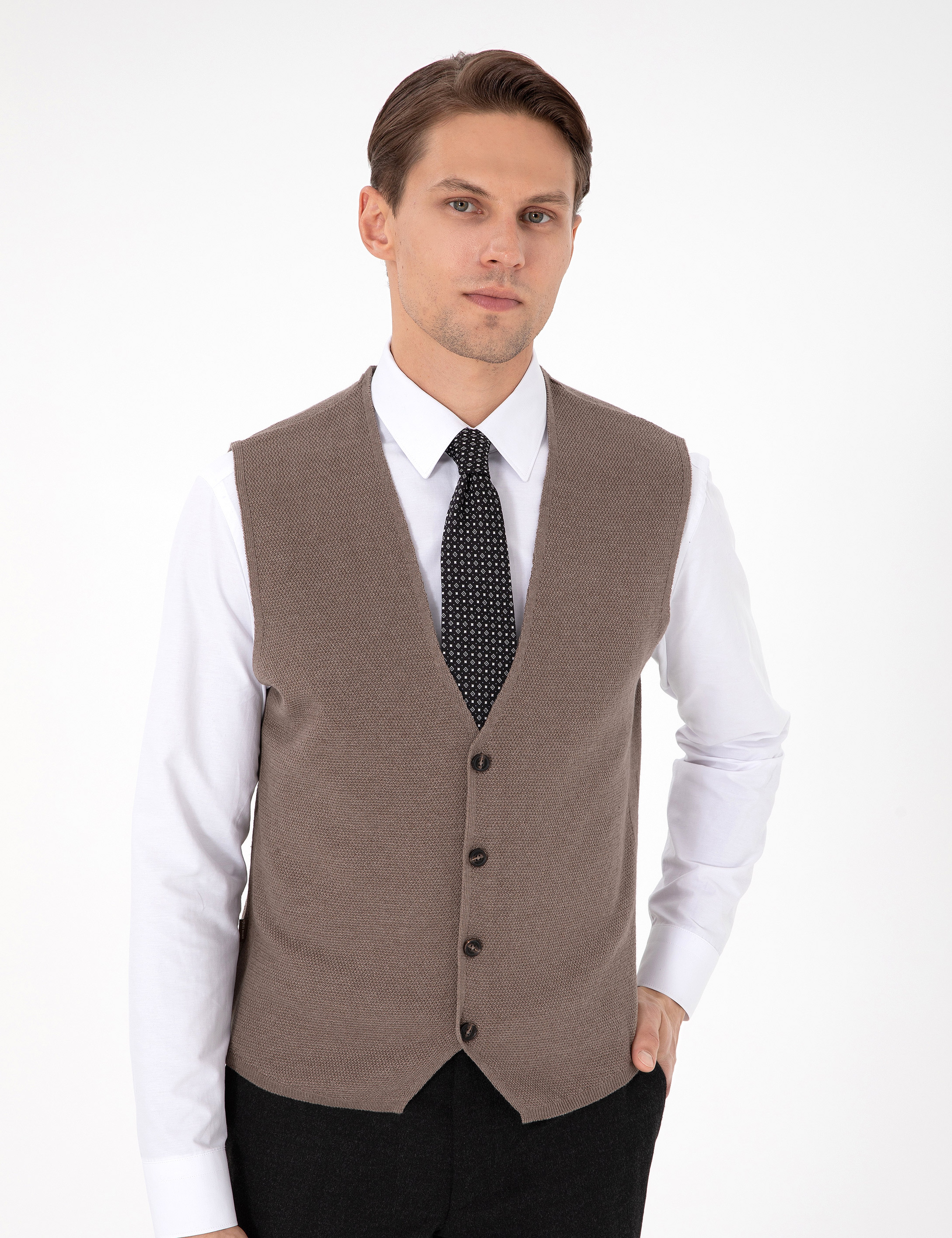 Vizon Melanj Slim Fit V Yaka Triko Yelek - Image 3