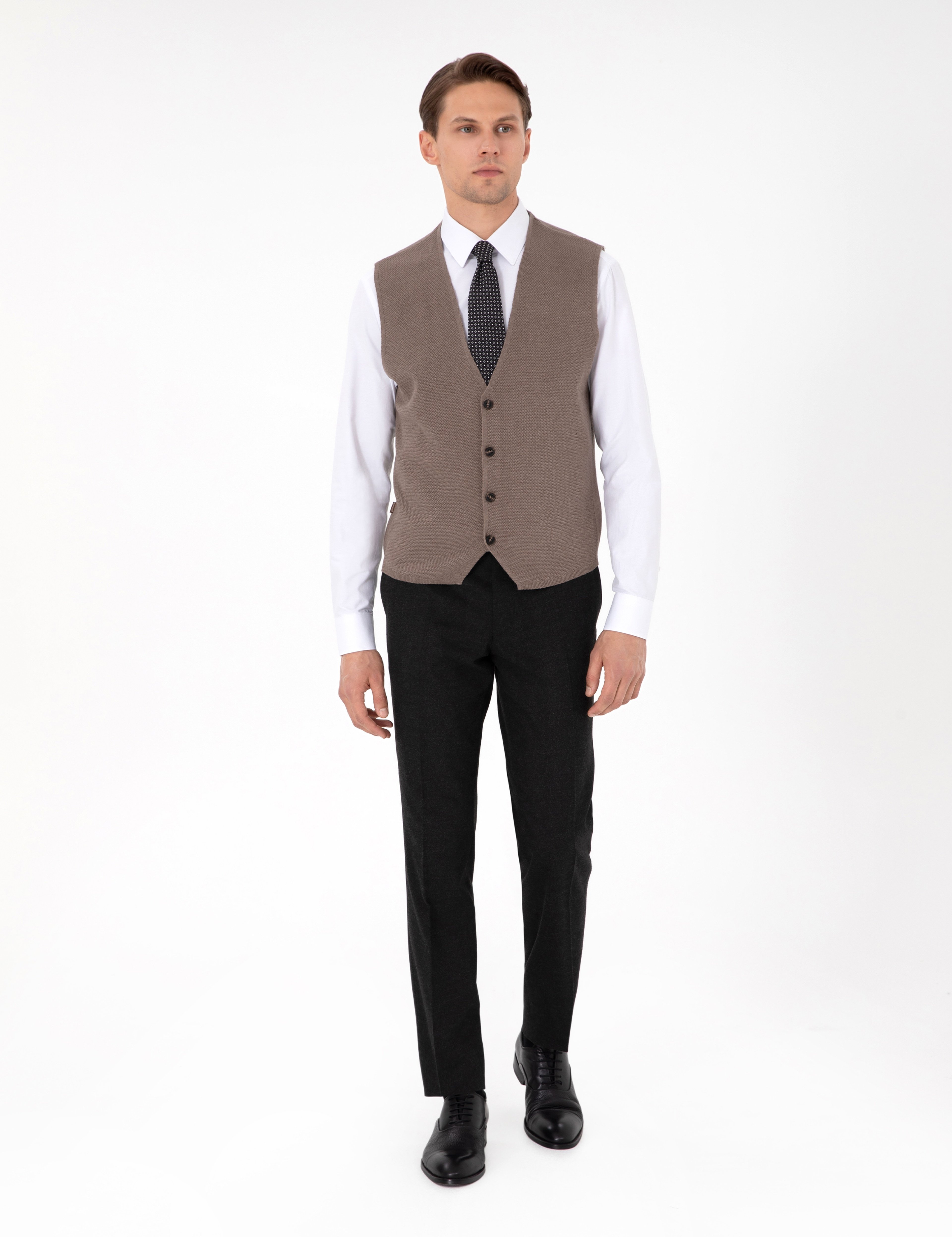 Vizon Melanj Slim Fit V Yaka Triko Yelek
