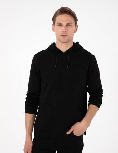 Siyah Regular Fit Kapüşonlu Sweatshirt