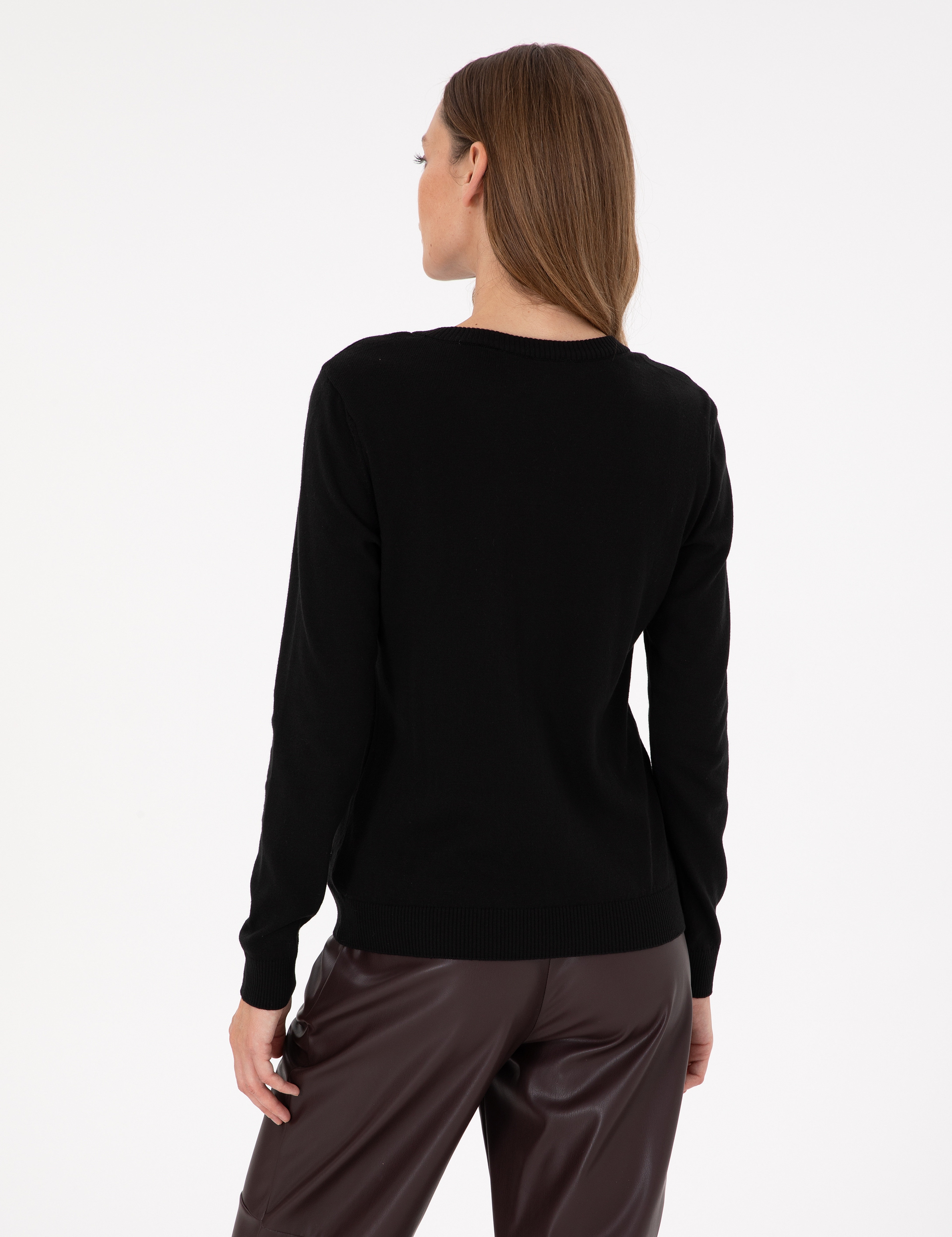 Siyah Slim Fit V Yaka Basic Kazak - Image 5