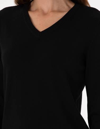 Siyah Slim Fit V Yaka Basic Kazak