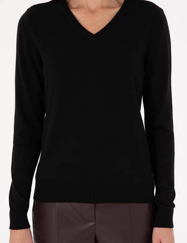 Siyah Slim Fit V Yaka Basic Kazak