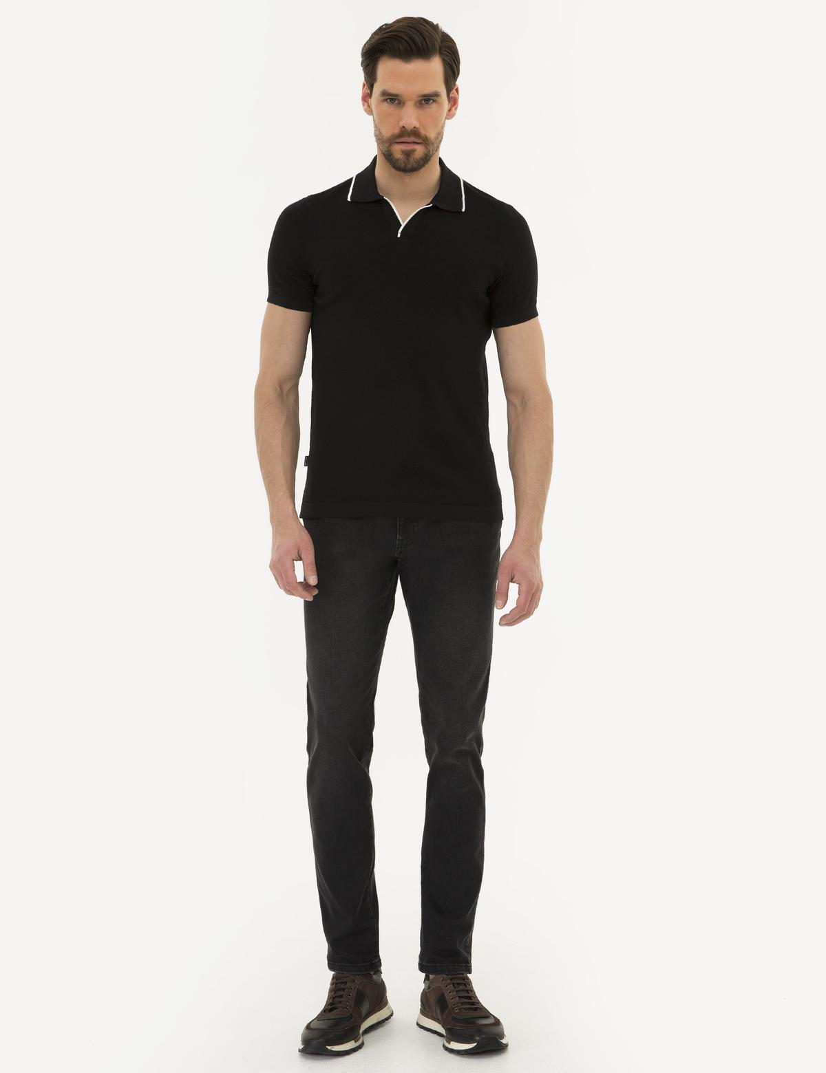 Siyah Slim Fit Polo Yaka Triko Kazak - 50222958032